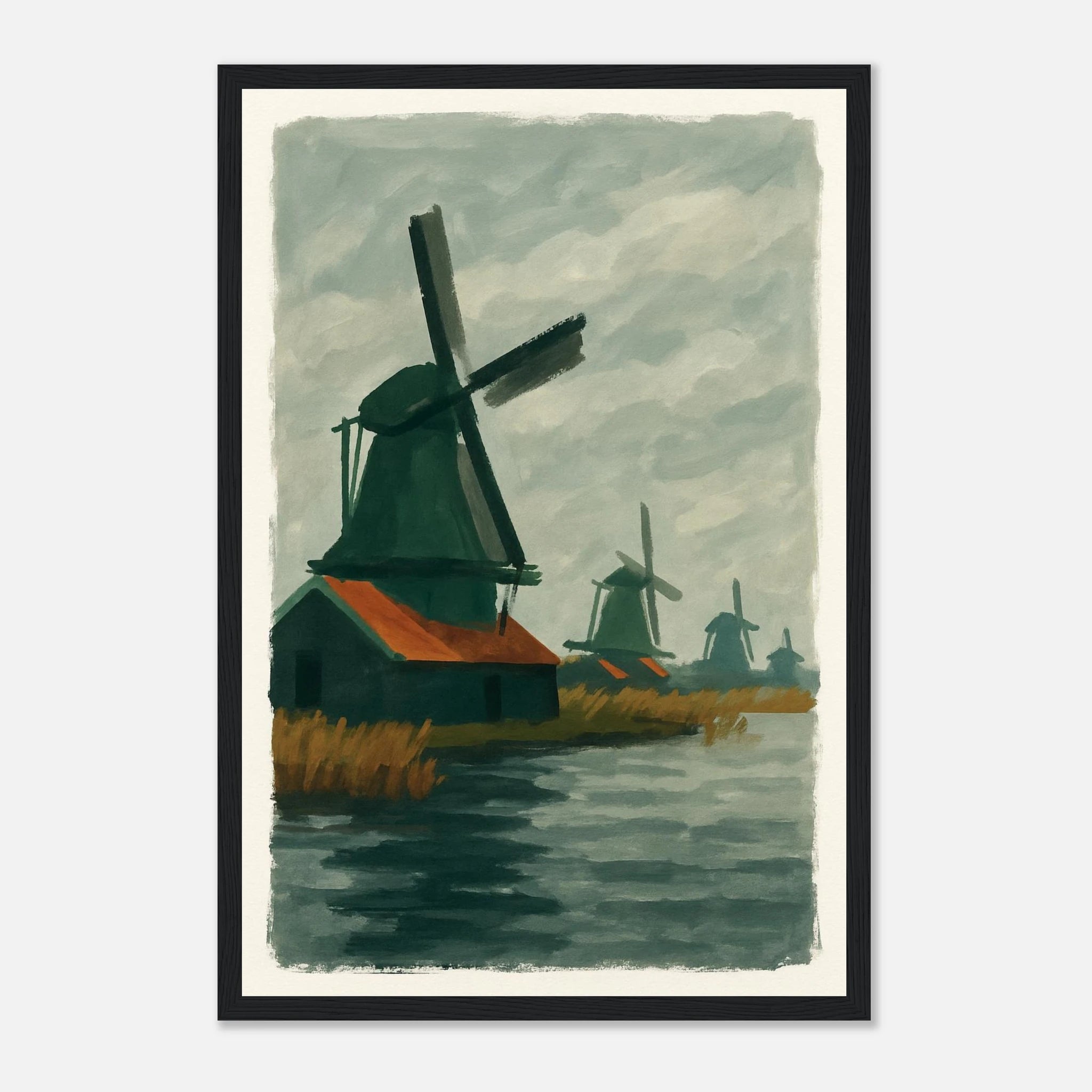 Black frame 30x45 cm 12x18″ - Dutch Windmills at Zaandam – Gouache-Style Art Print - Play By Print