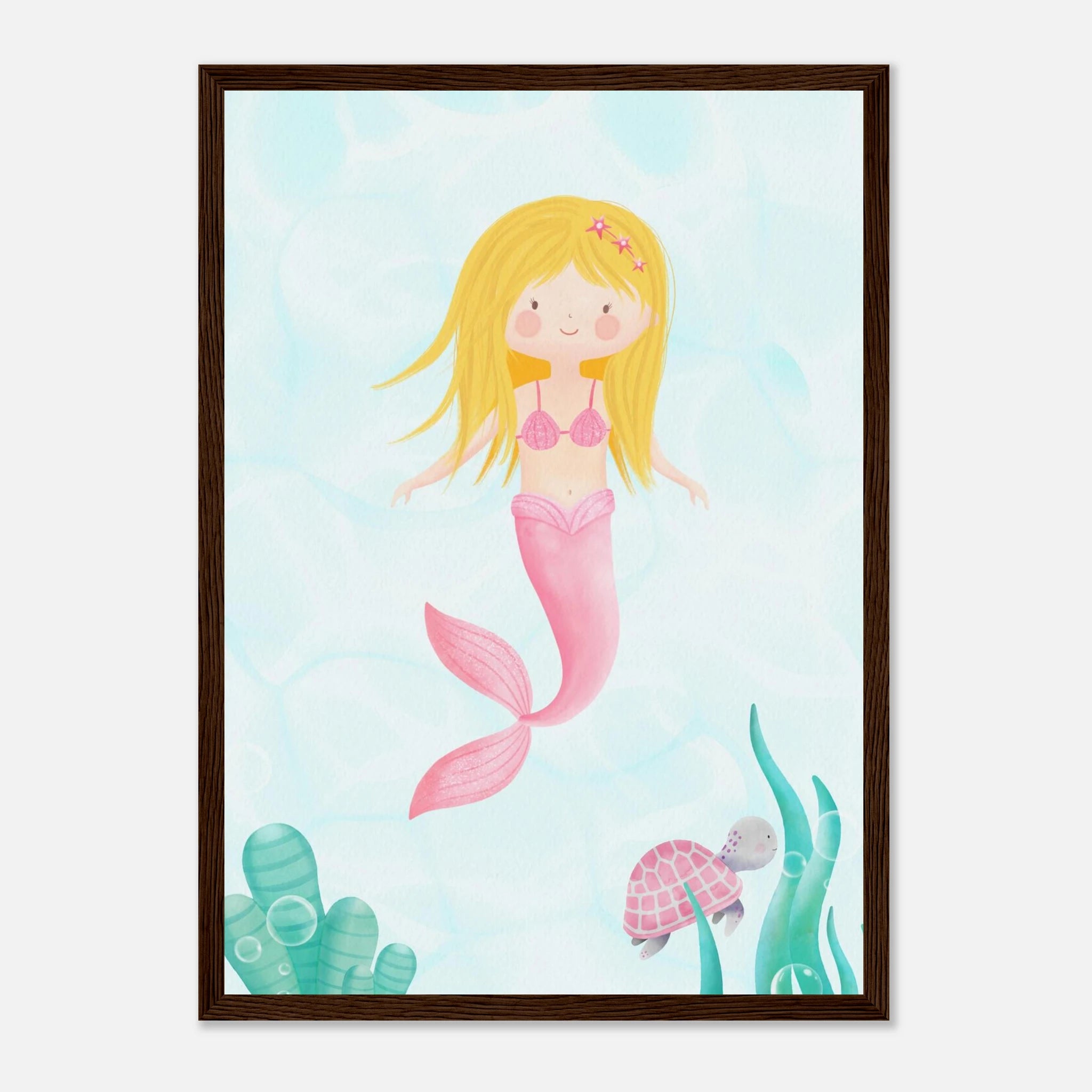 Black frame - Blonde Mermaid Wall Art | Watercolour Ocean Nursery Print for Girls - Iris