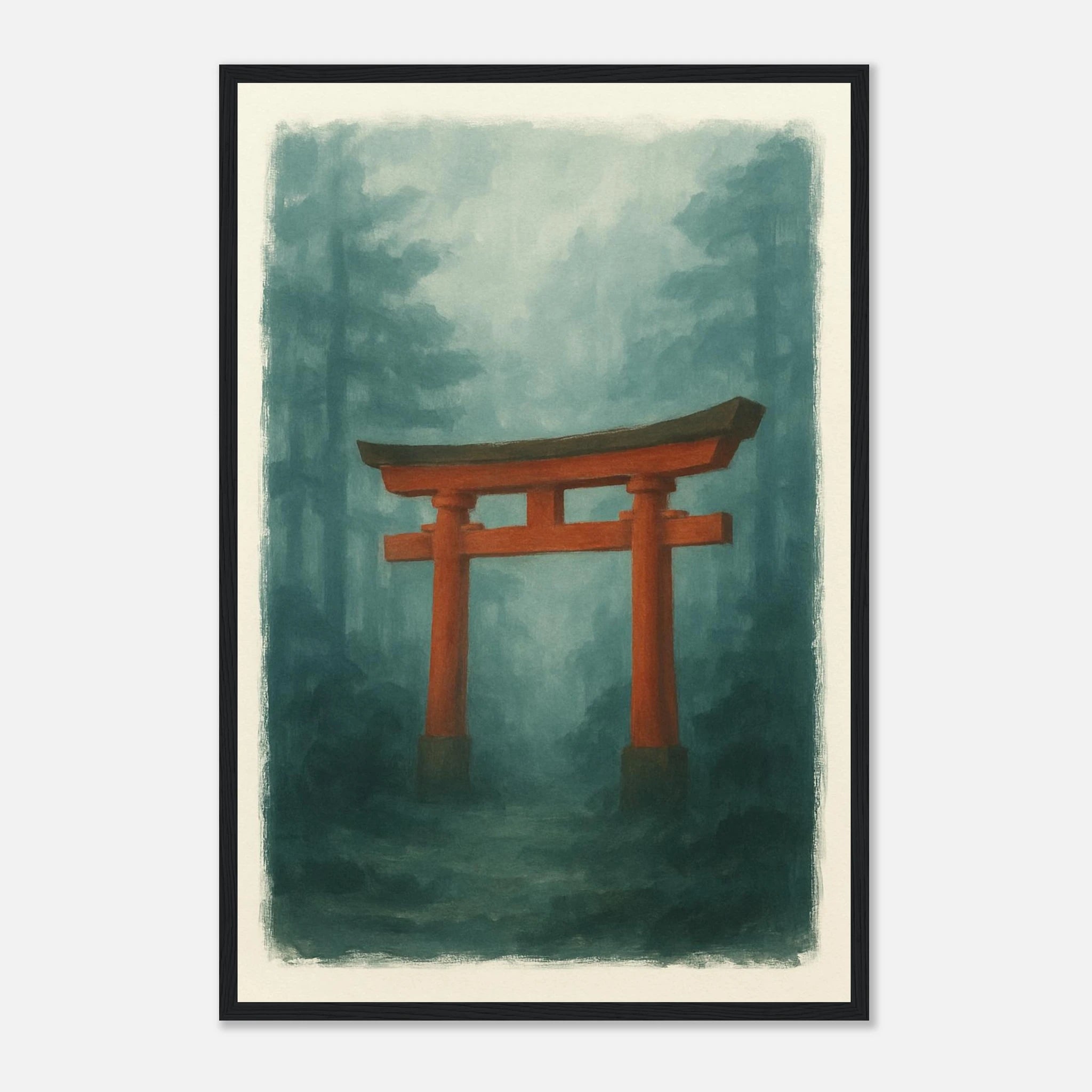 Black frame 40x60 cm 16x24″ - Torii Gate in Mist – Gouache Japanese Landscape Art Print - Play By Print