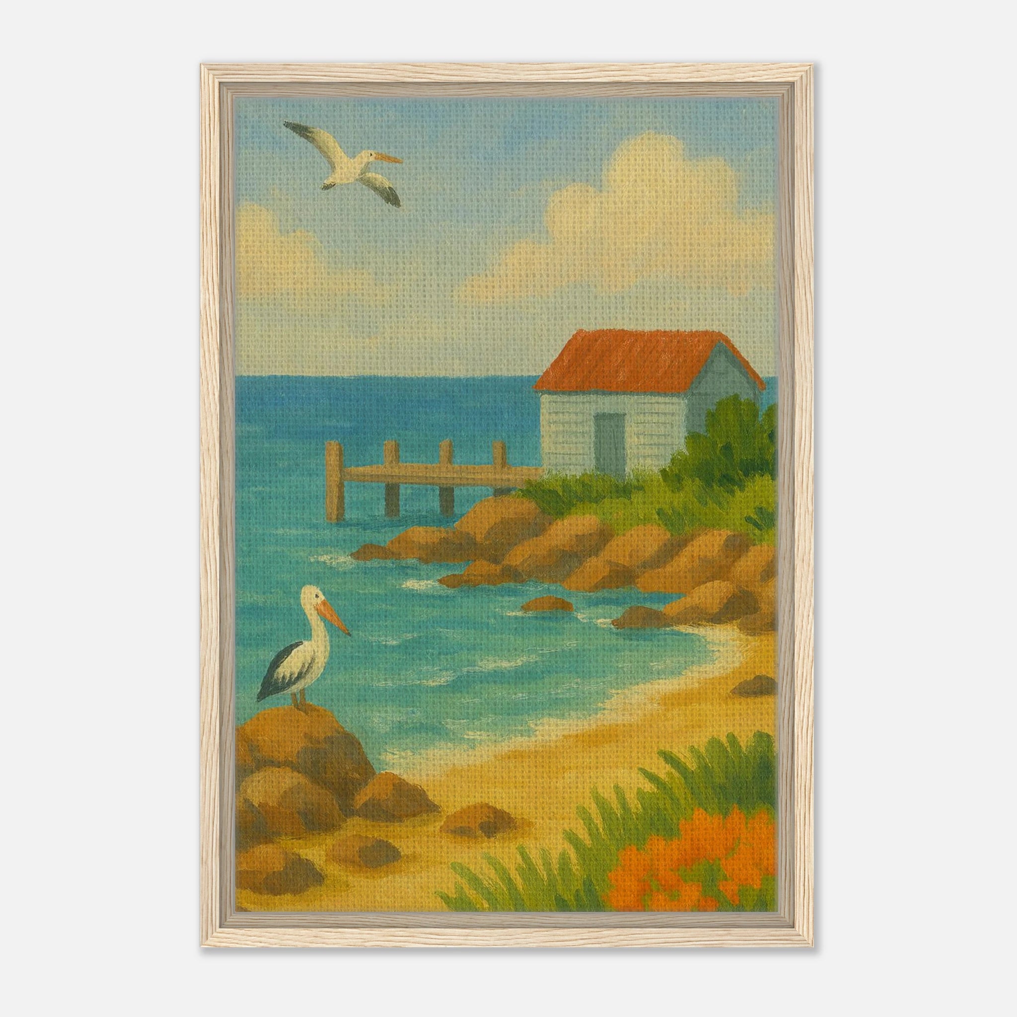 Wood frame 40x60 cm 16x24″ - Seaside Jetty – Coastal Pelican Canvas Wall Art - Play By Print