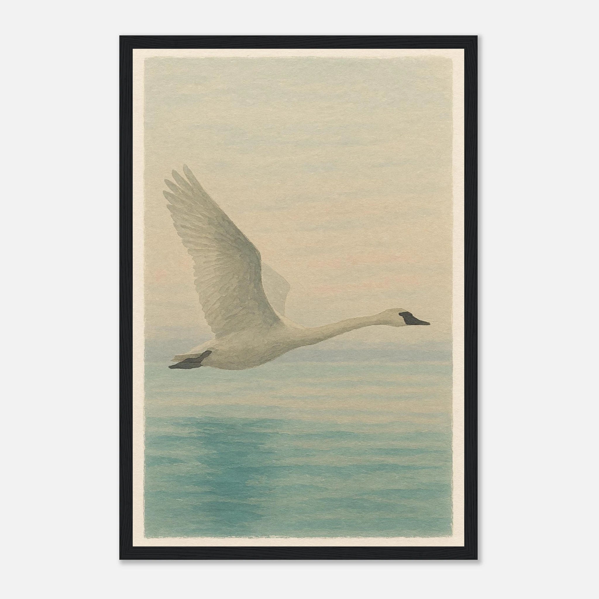 Black frame 30x45 cm 12x18″ - Grace in Flight – Watercolour Swan Over Calm Waters - Play By Print