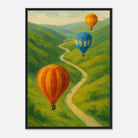 Black frame A2 (42 x 59.4 cm) - Up & Away – Hot Air Balloons Over Green Hills Wall Art Print - Play By Print