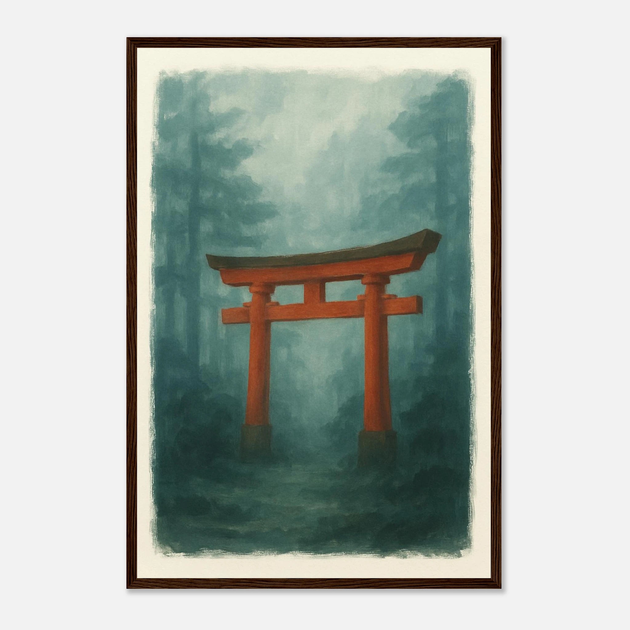 Dark wood frame 40x60 cm 16x24″ - Torii Gate in Mist – Gouache Japanese Landscape Art Print - Play By Print