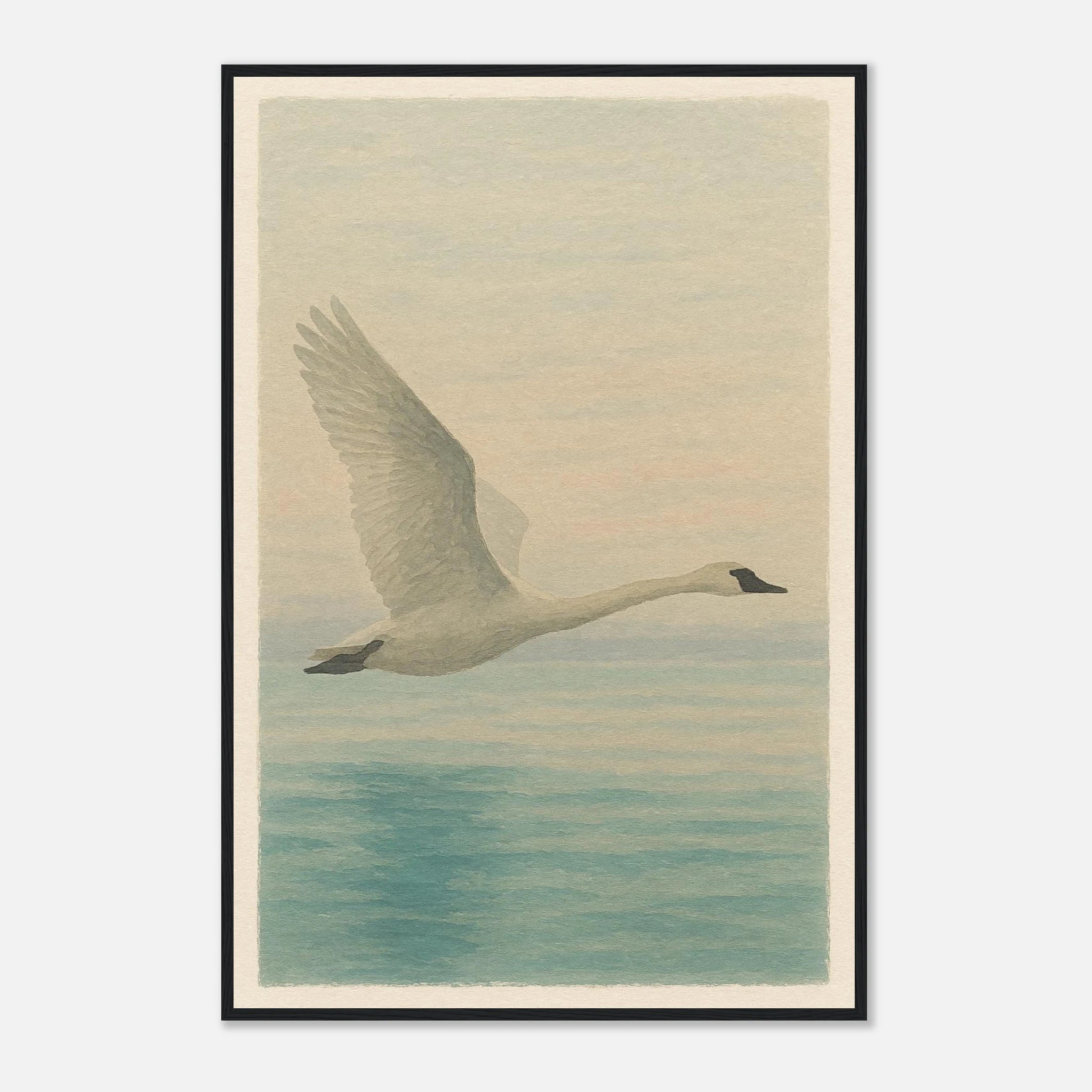Black frame 60x90 cm 24x36″ - Grace in Flight – Watercolour Swan Over Calm Waters - Play By Print
