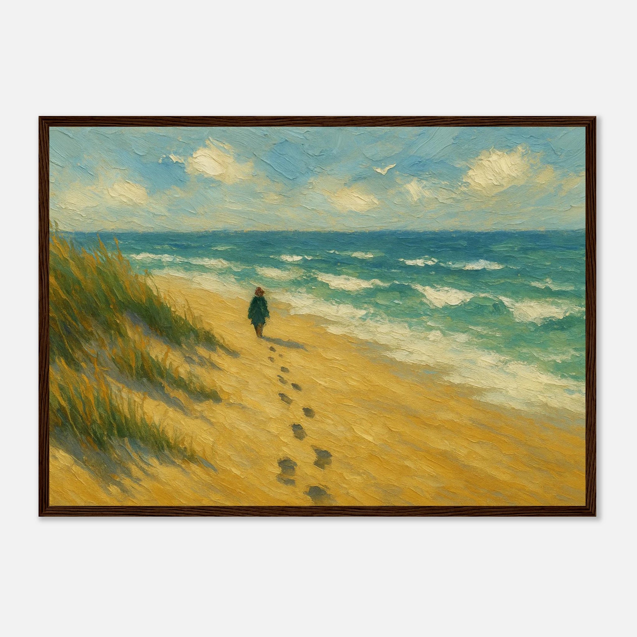 Dark wood frame A2 (42 x 59.4 cm) - “Coastal Solitude” | Peaceful Beach Walk - Play By Print