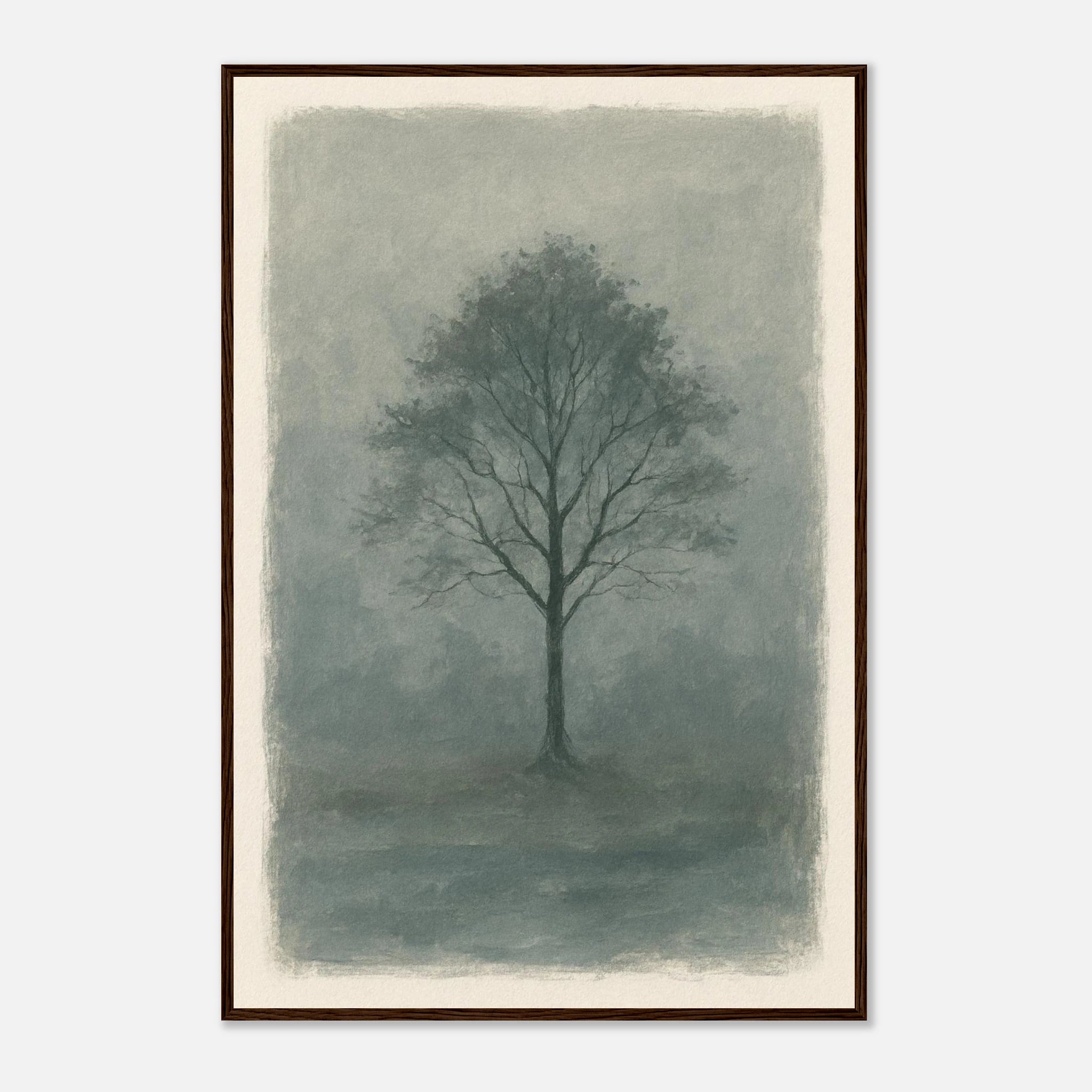 Dark wood frame 60x90 cm 24x36″ - Misty Monochrome Tree – Minimalist Landscape Art Print - Play By Print