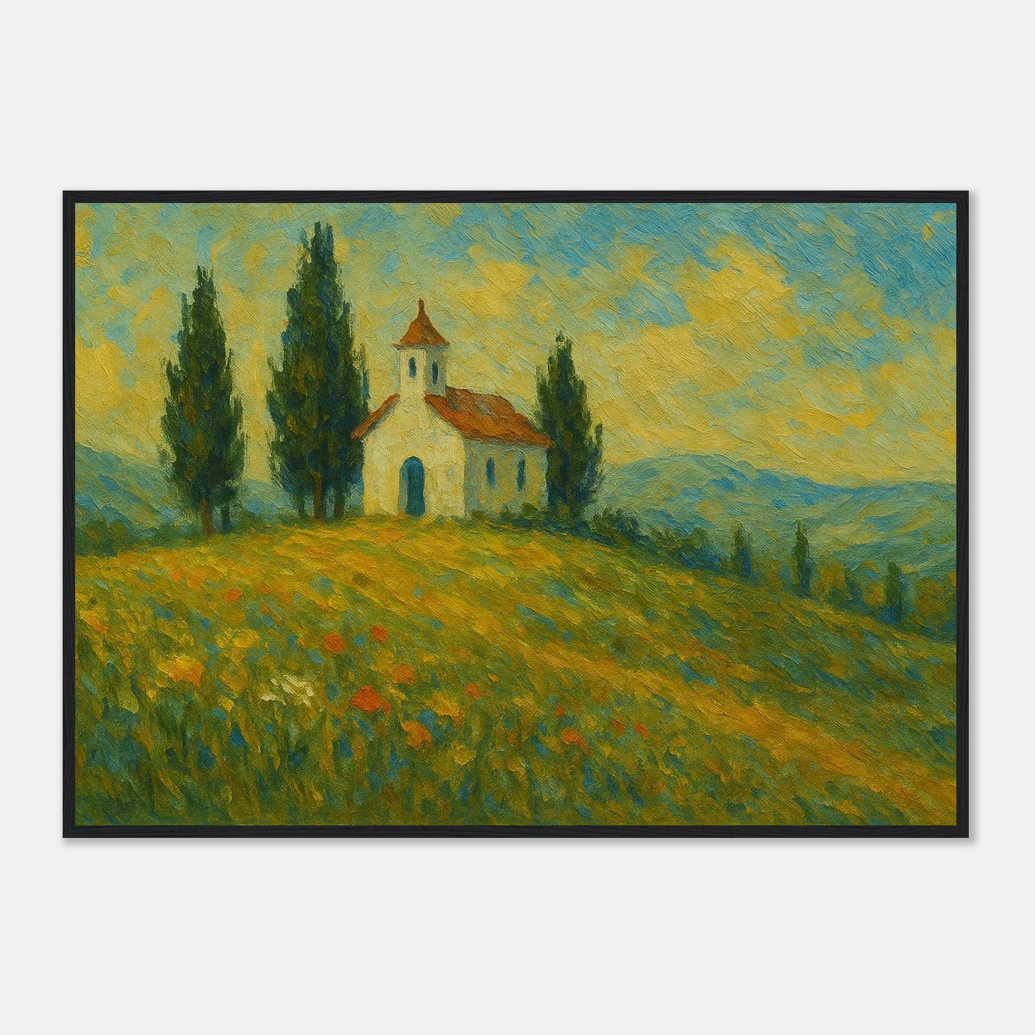 Black frame A1 (59.4 x 84.1 cm) - “Chapel on the Hill” | Countryside Church Landscape Print - Play By Print