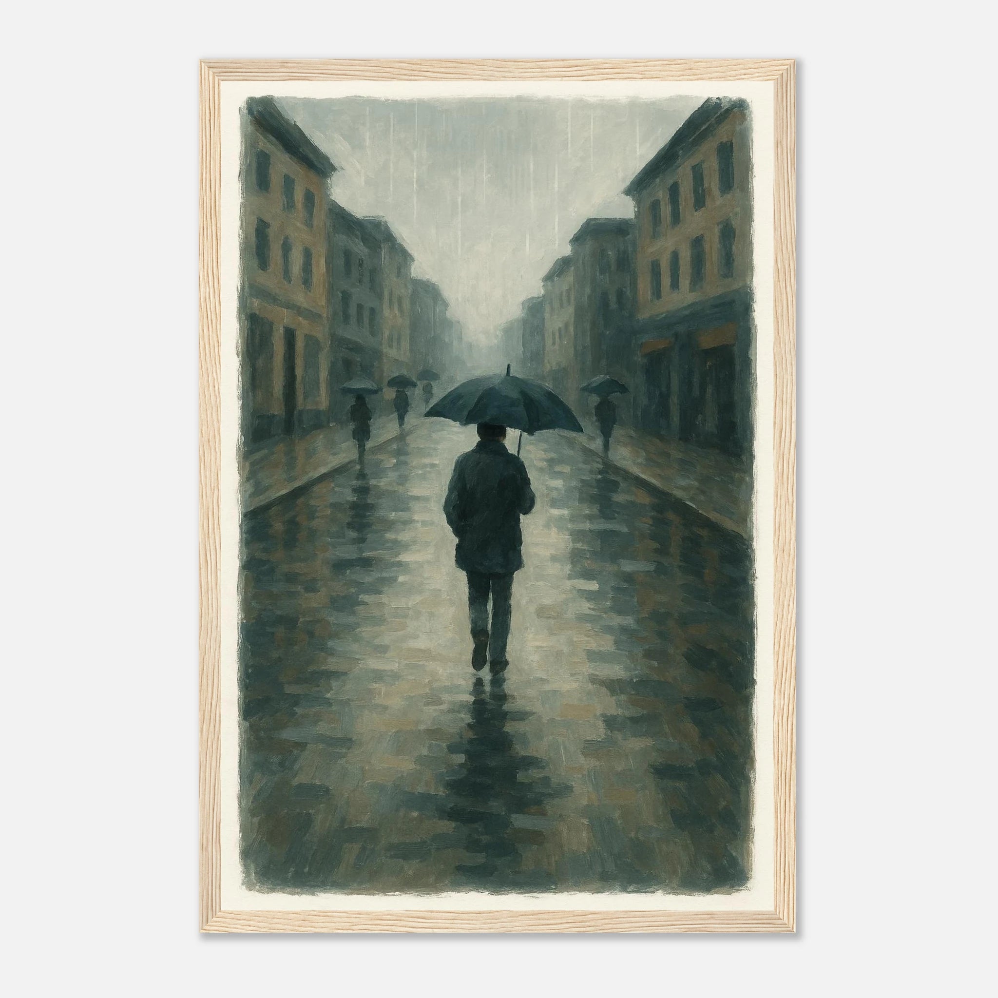 Wood frame 30x45 cm 12x18″ - Rainy City Walk – Gouache-Style Art Print - Play By Print
