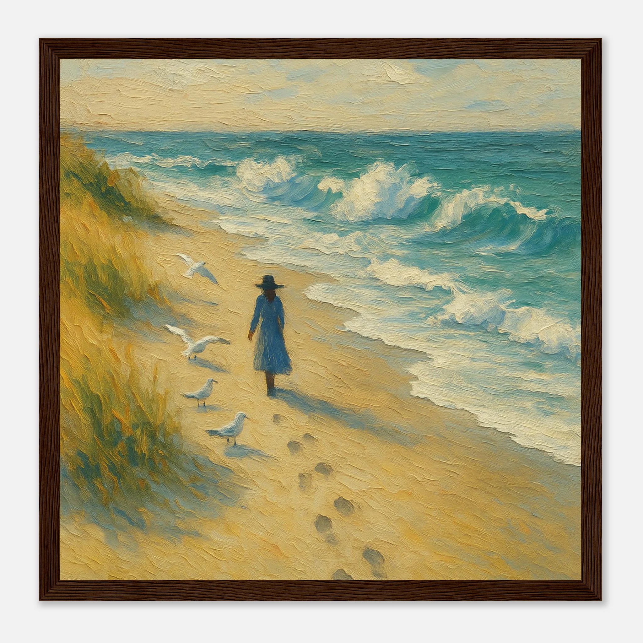 Dark wood frame 30x30 cm 12x12″ - “Soft Steps by the Sea” | Serene Coastal Art Print - Play By Print