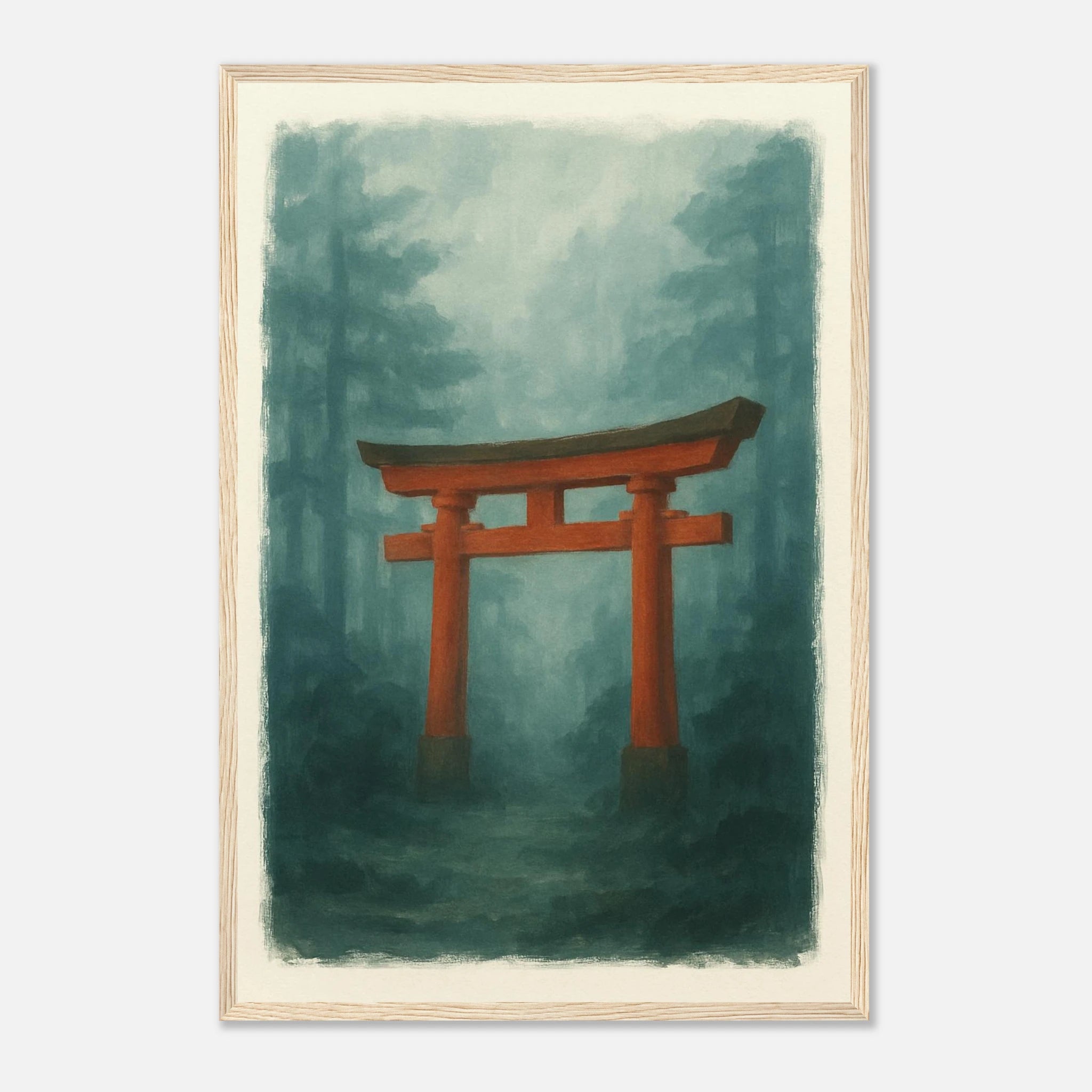 Wood frame 40x60 cm 16x24″ - Torii Gate in Mist – Gouache Japanese Landscape Art Print - Play By Print