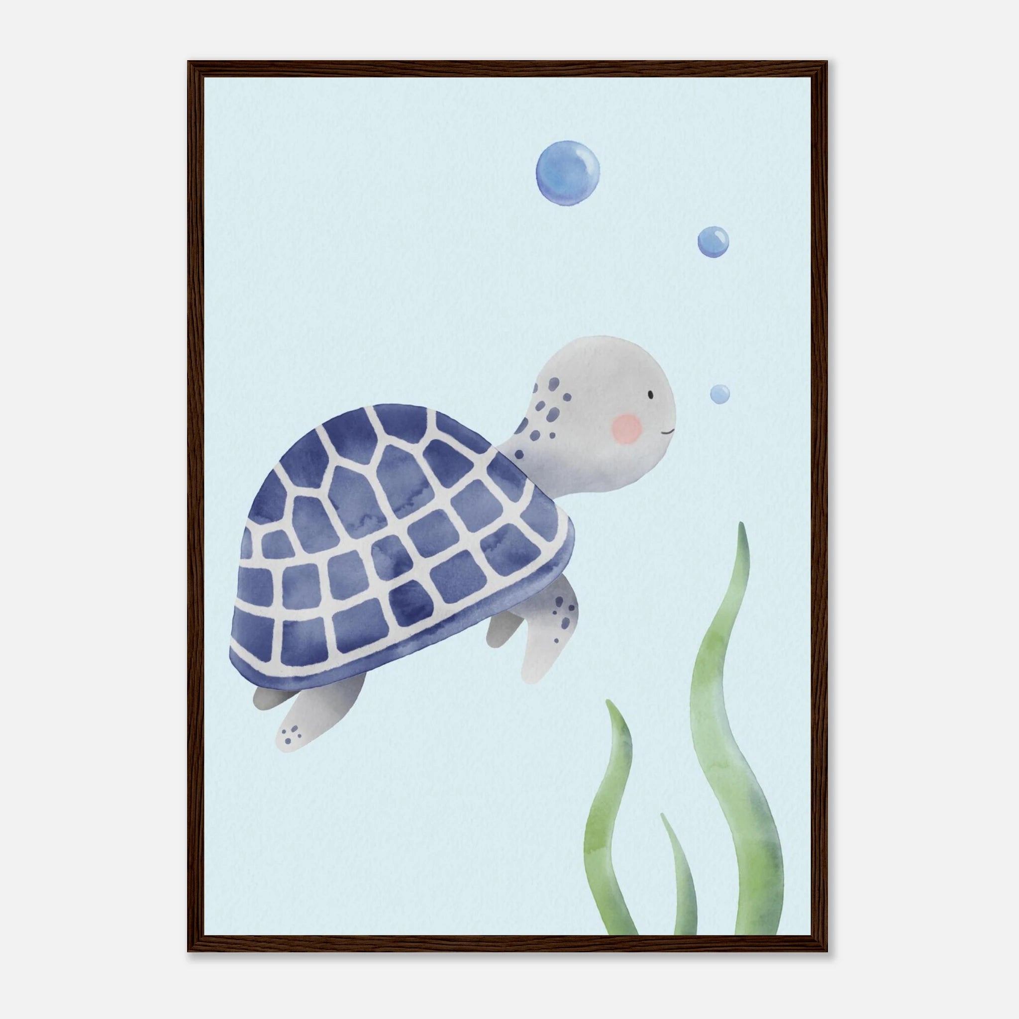 Dark wood frame - Blue Sea Turtle Nursery Print | Watercolour Ocean Animal Wall Art for Kids - Iris