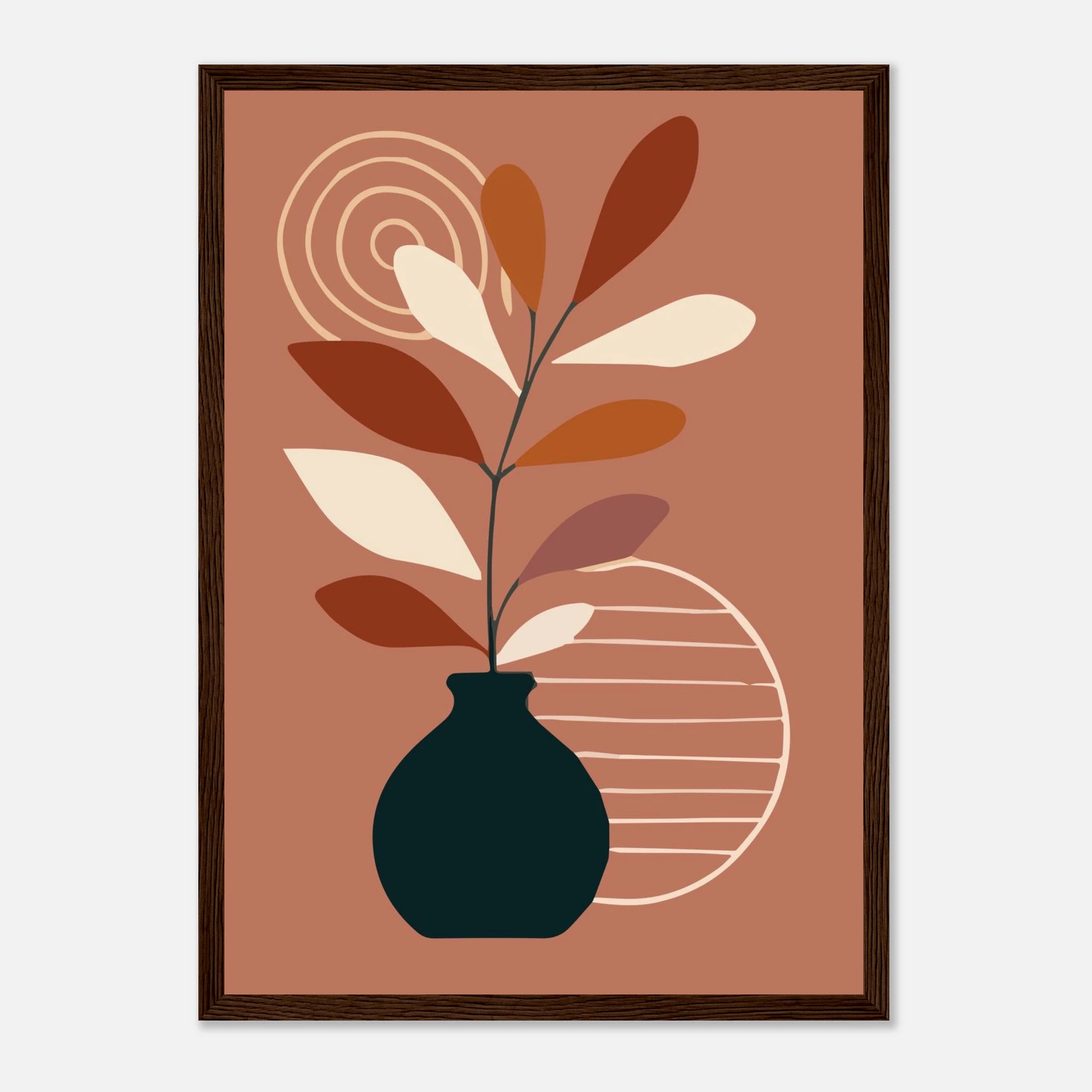 Dark wood frame - Terracotta Vase & Leaf Modern Abstract Wall Art - Jerin