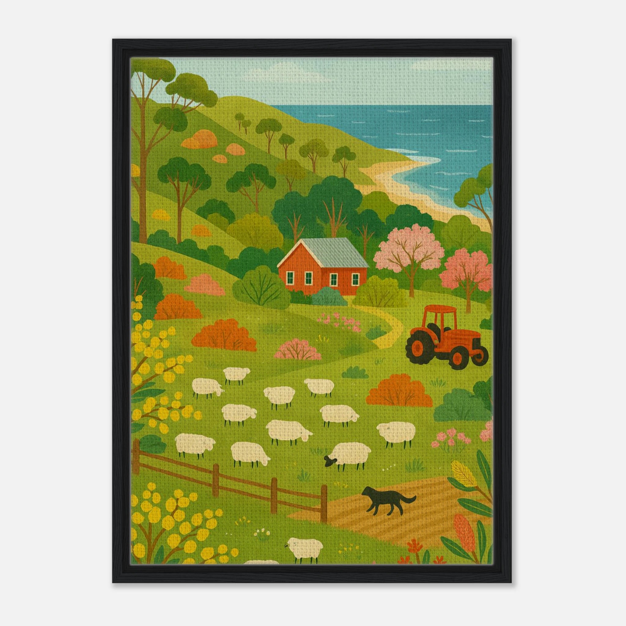 Black frame 50x70 cm 20x28″ - Coastal Sheep Farm – Australian Countryside Canvas Wall Art - Play By Print