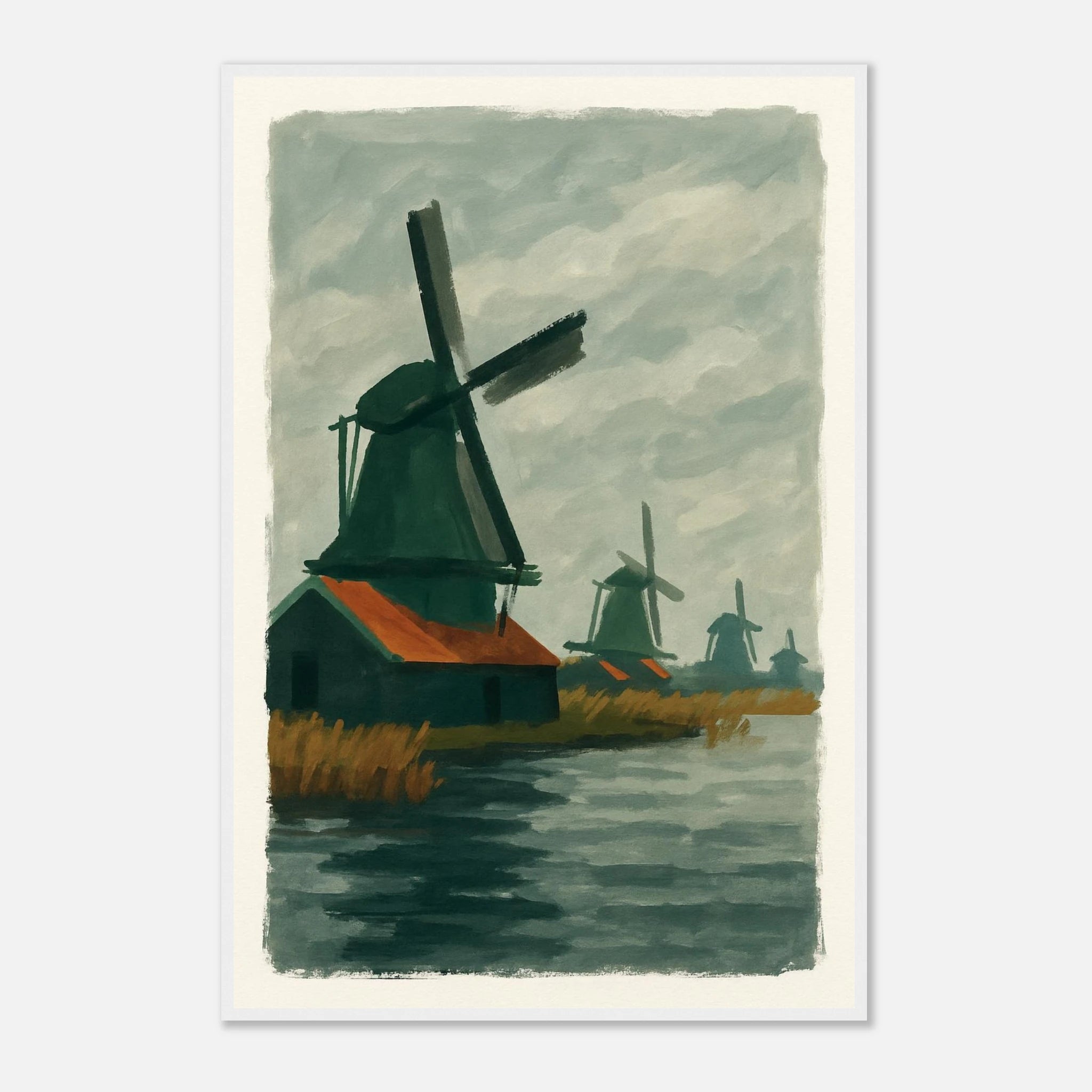 White frame 60x90 cm 24x36″ - Dutch Windmills at Zaandam – Gouache-Style Art Print - Play By Print