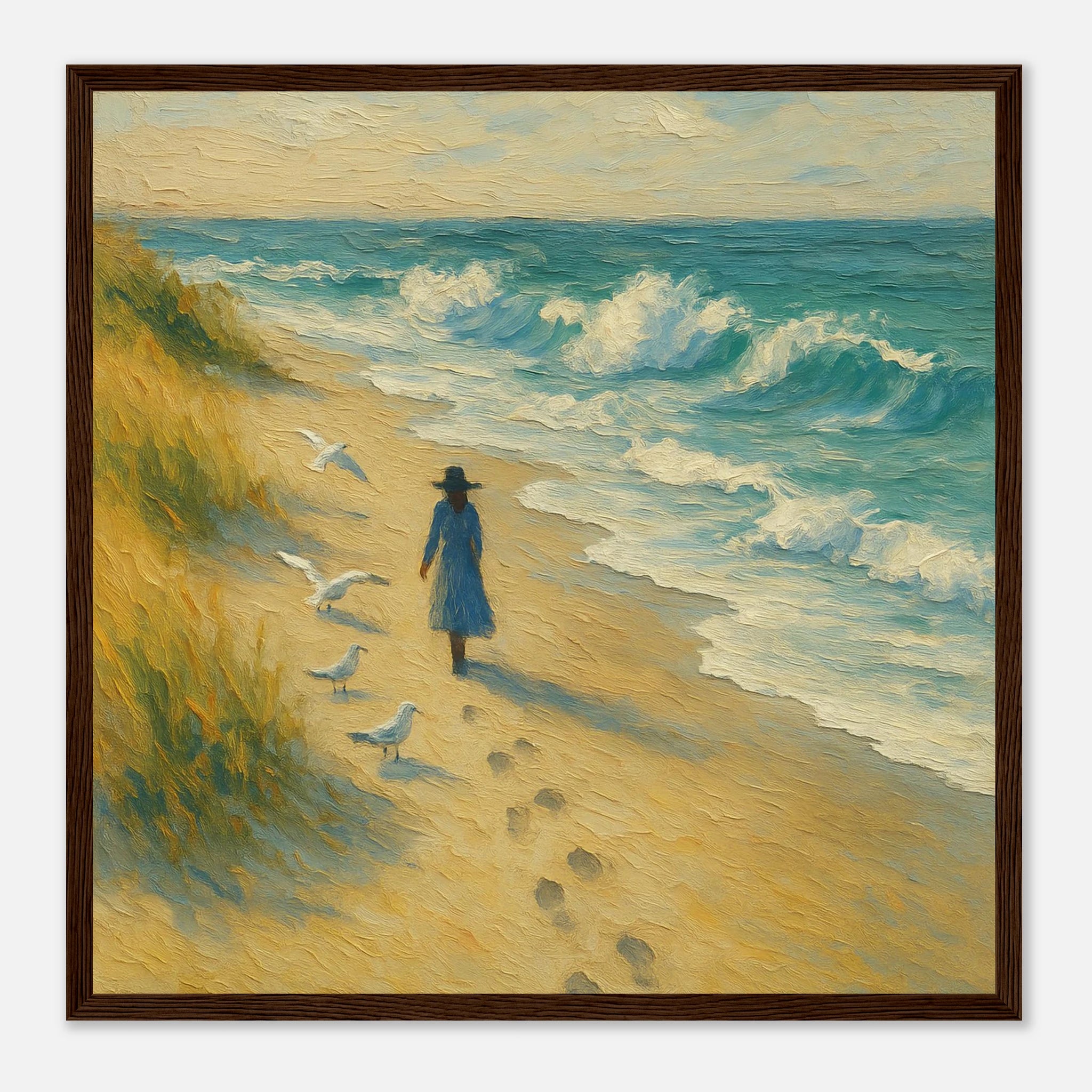 Dark wood frame 40x40 cm 16x16″ - “Soft Steps by the Sea” | Serene Coastal Art Print - Play By Print