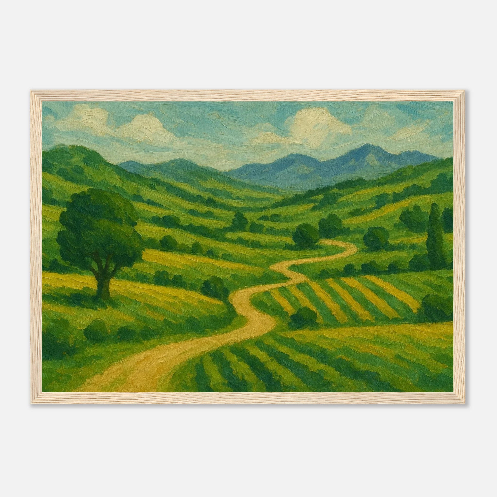 Wood frame A3 (29.7 x 42 cm) - “Winding Through Green” | Rolling Hills Countryside Print - Play By Print