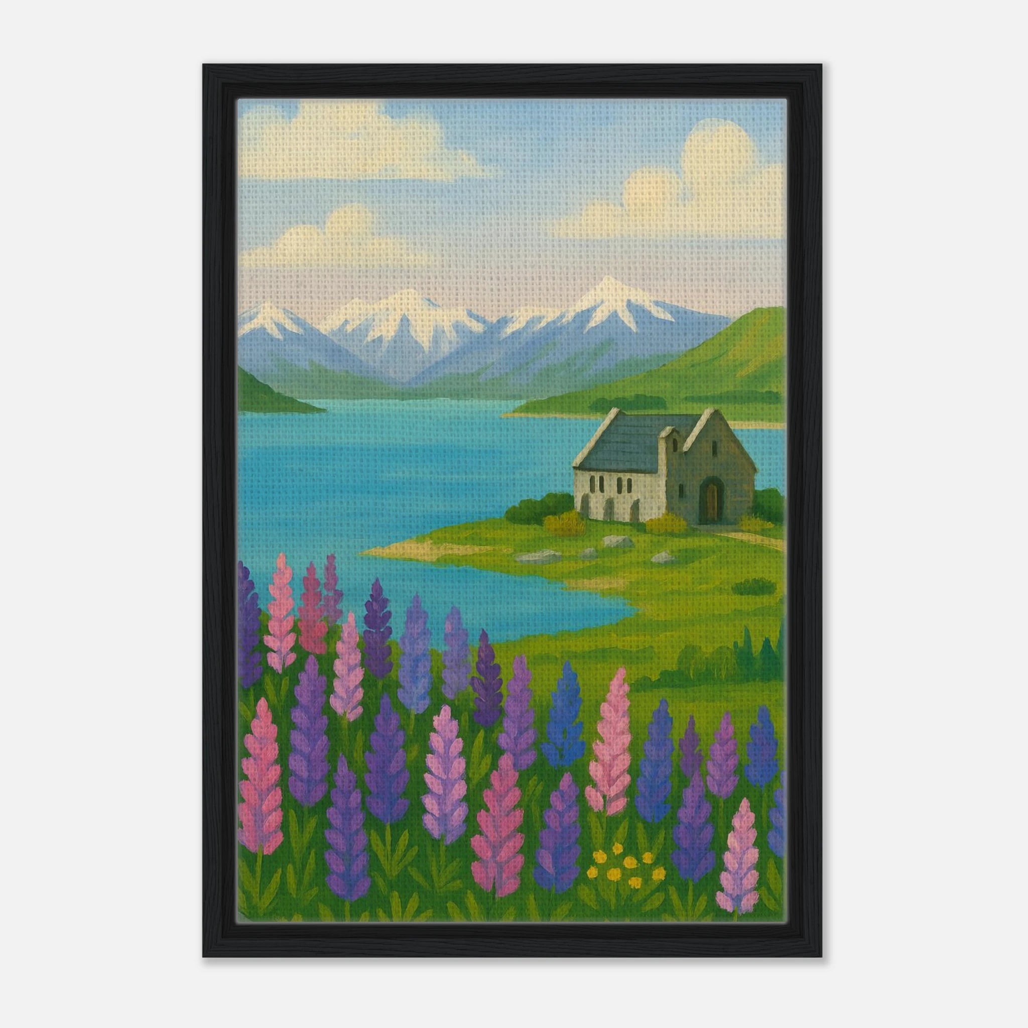 Black frame 40x60 cm 16x24″ - Lake Tekapo Lupins & Church – New Zealand Landscape Canvas Wall Art - Play By Print