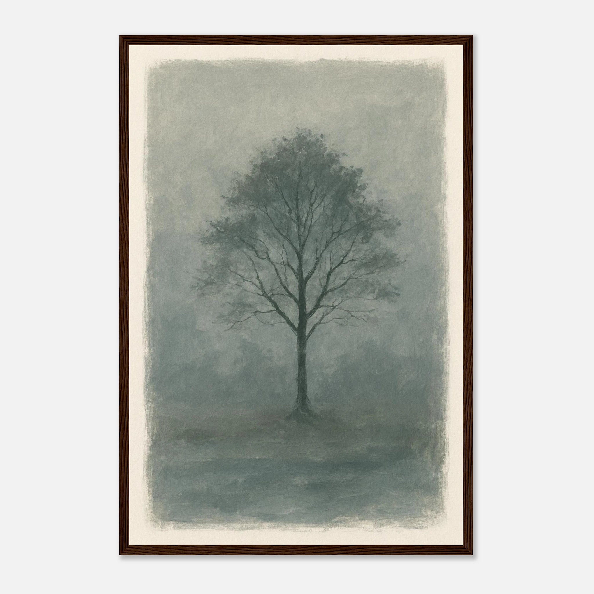 Dark wood frame 40x60 cm 16x24″ - Misty Monochrome Tree – Minimalist Landscape Art Print - Play By Print