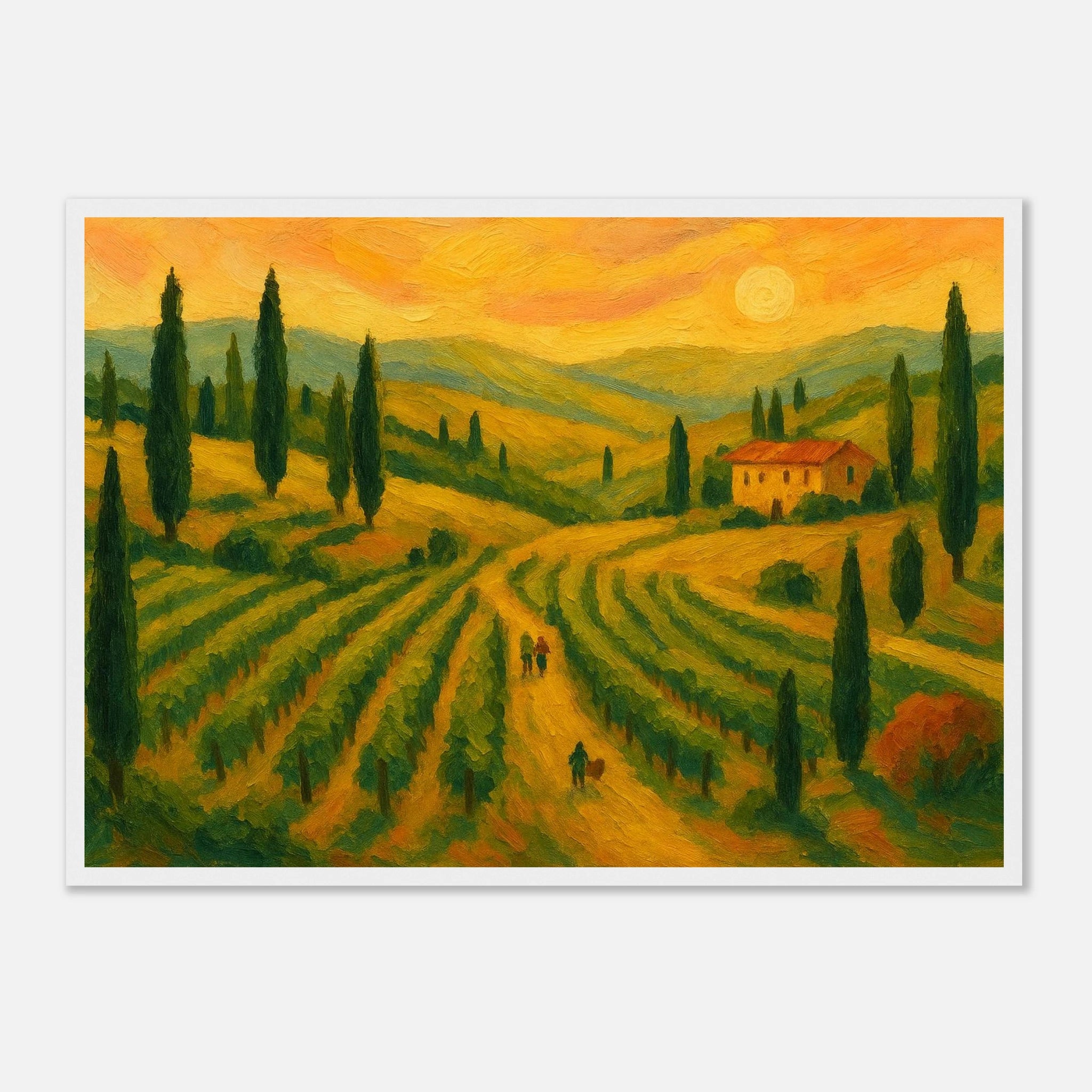 White frame A2 (42 x 59.4 cm) - “Sunset Over Tuscany” | Golden Vineyard Landscape - Play By Print