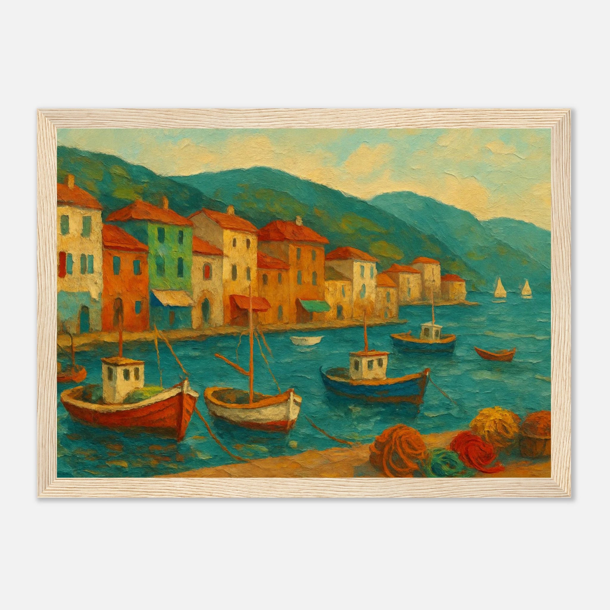 Wood frame 21x29.7 cm 8x12" - Harbour Harmony – Mediterranean Village Wall Art Print - Play By Print
