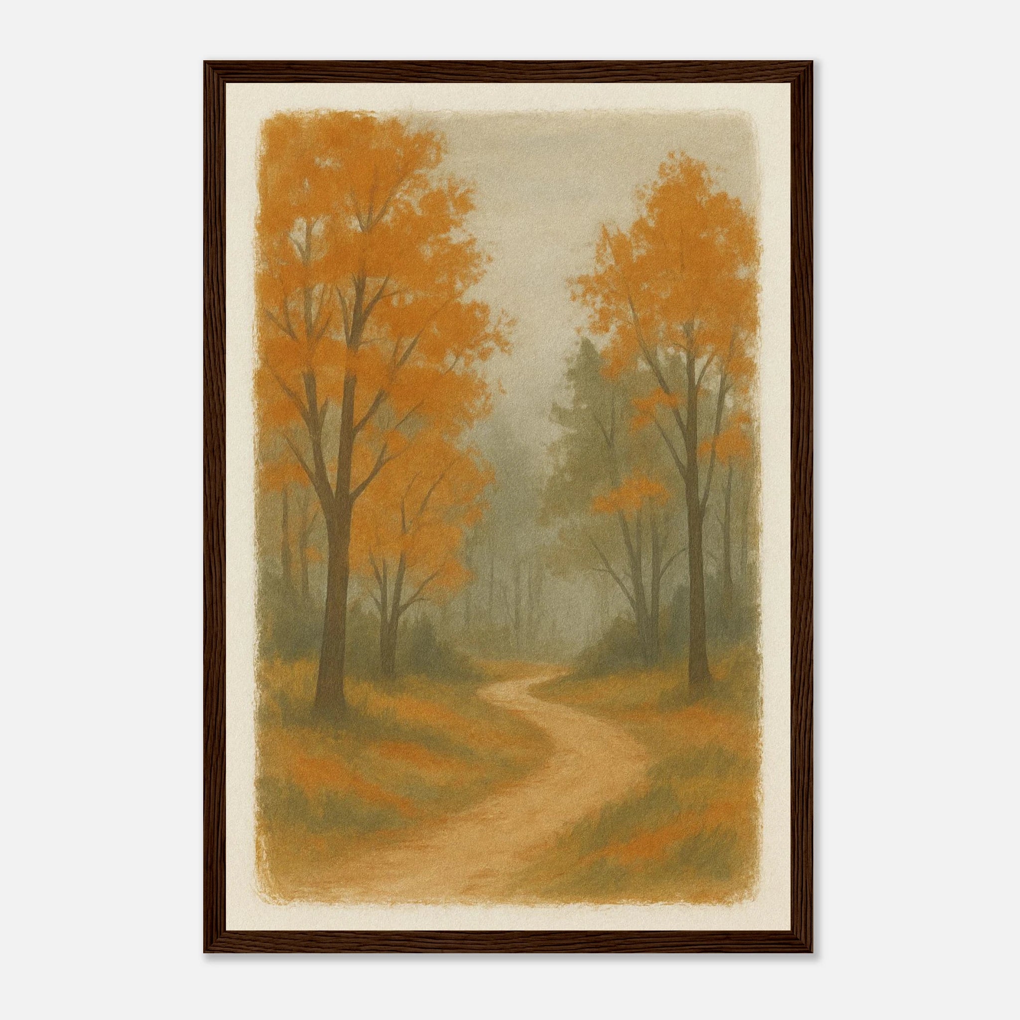 Dark wood frame 30x45 cm 12x18″ - Whispering Path – Misty Autumn Forest Wall Art Print - Play By Print