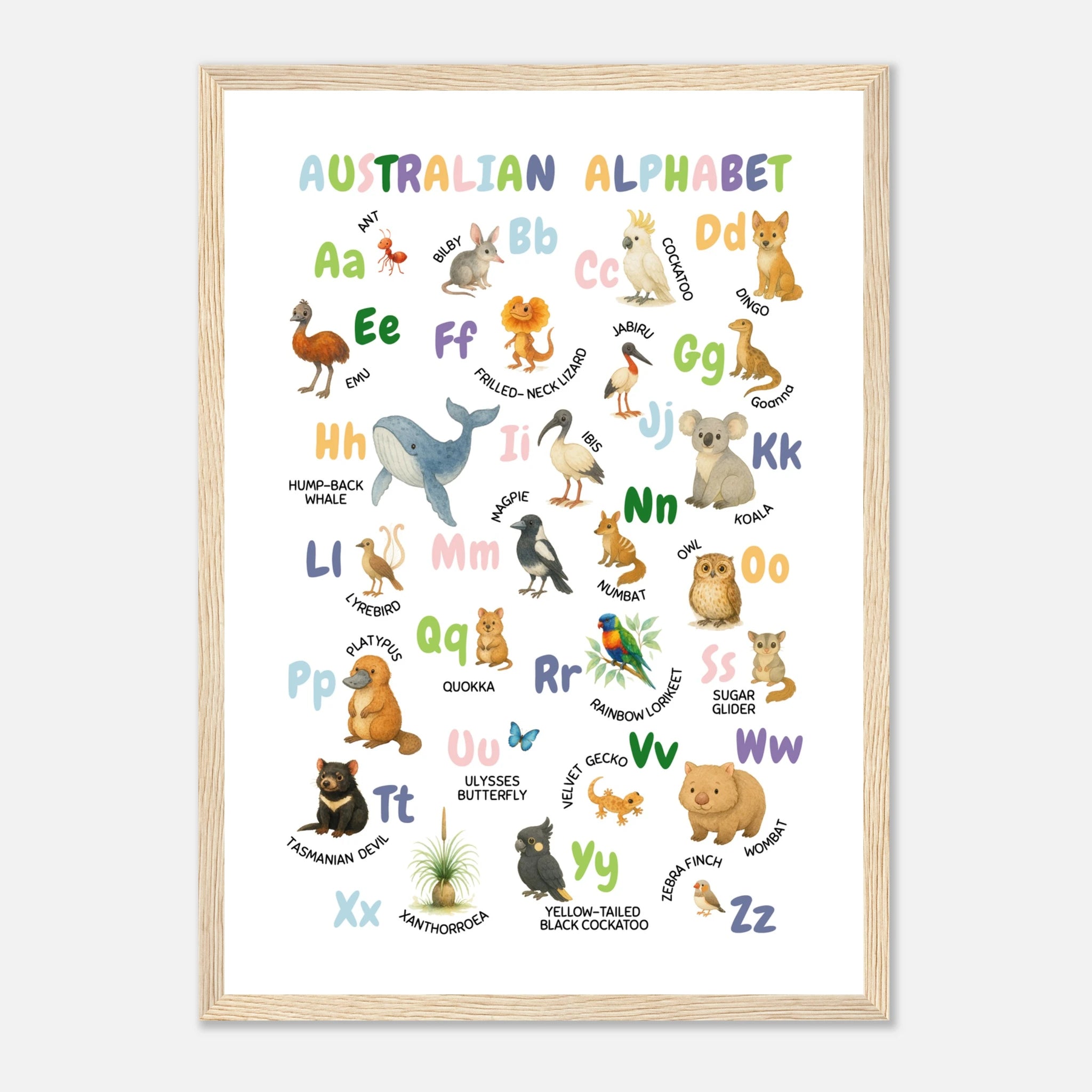Wood frame - Australian Animal Alphabet Poster – Watercolour ABC Chart for Kids - Play By Print