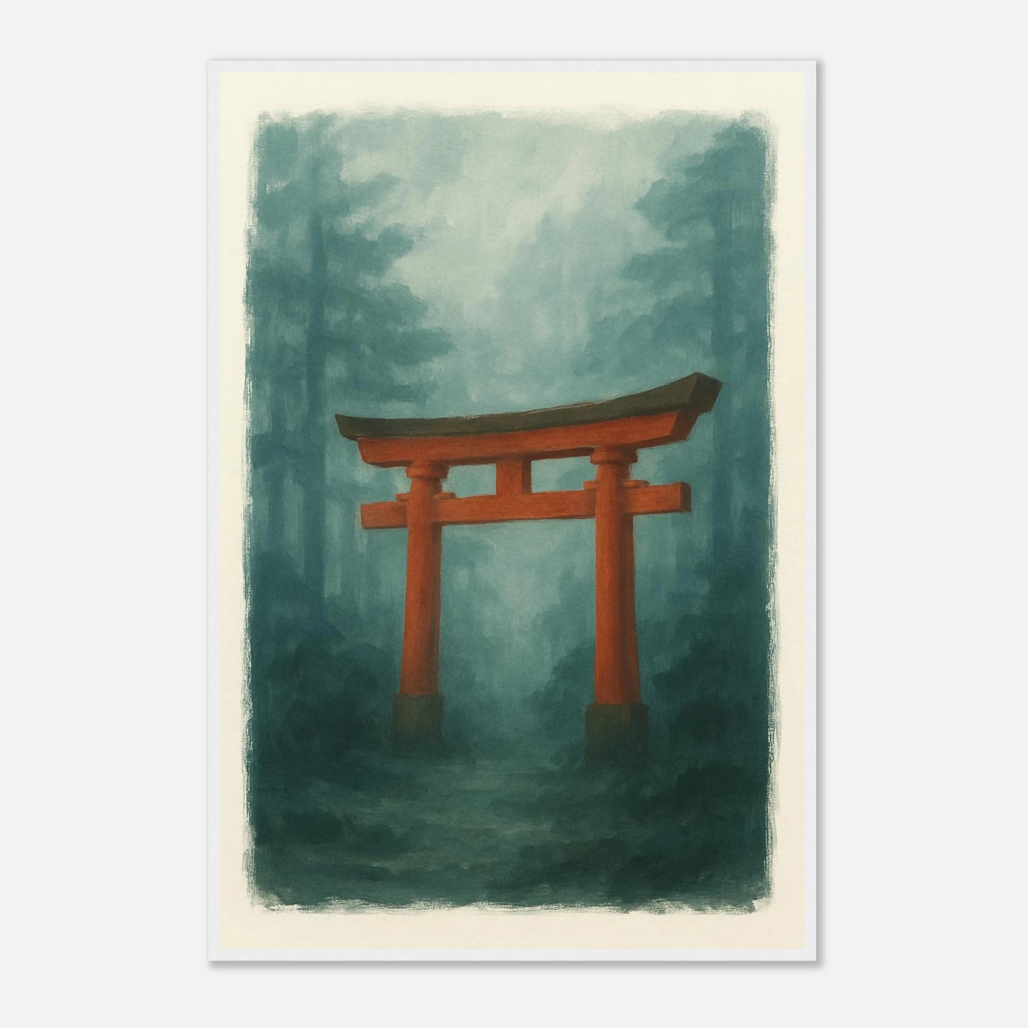 White frame 60x90 cm 24x36″ - Torii Gate in Mist – Gouache Japanese Landscape Art Print - Play By Print