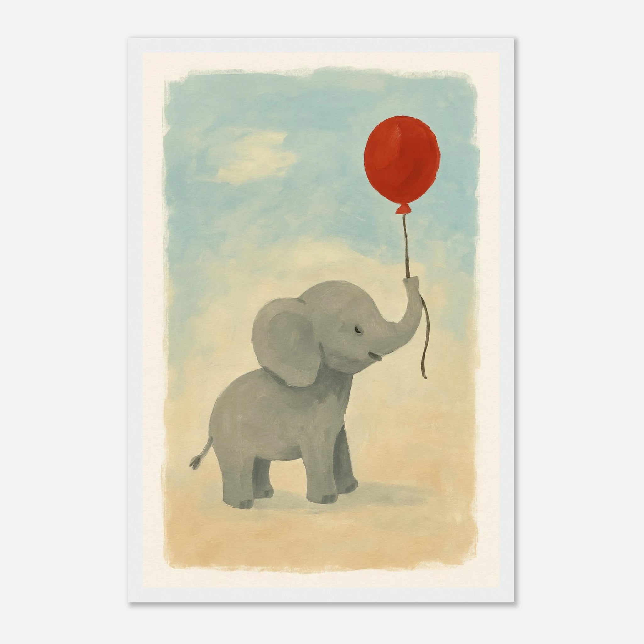 White frame 30x45 cm 12x18″ - Baby Elephant with Balloon – Gouache Nursery Art Print - Play By Print