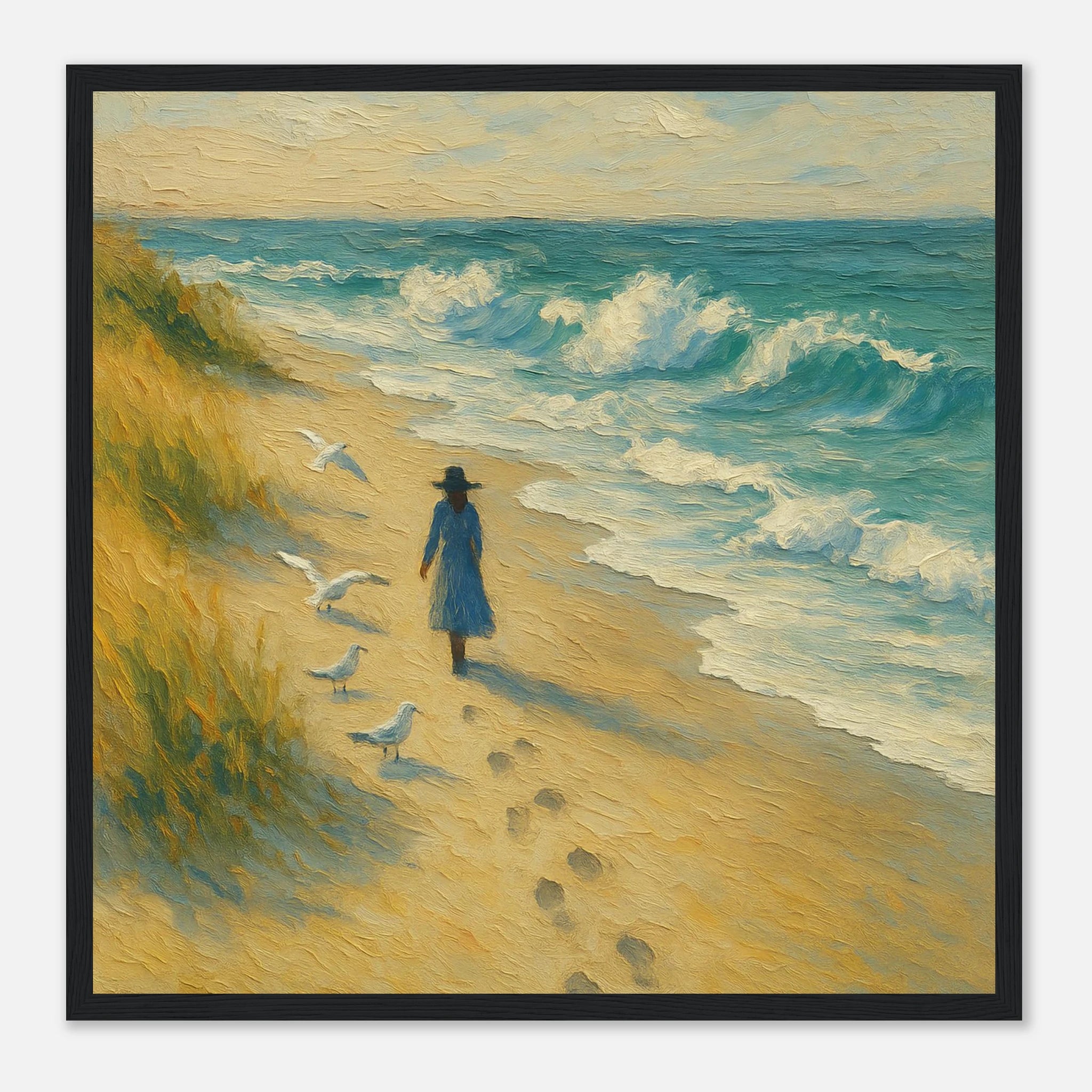 Black frame 40x40 cm 16x16″ - “Soft Steps by the Sea” | Serene Coastal Art Print - Play By Print