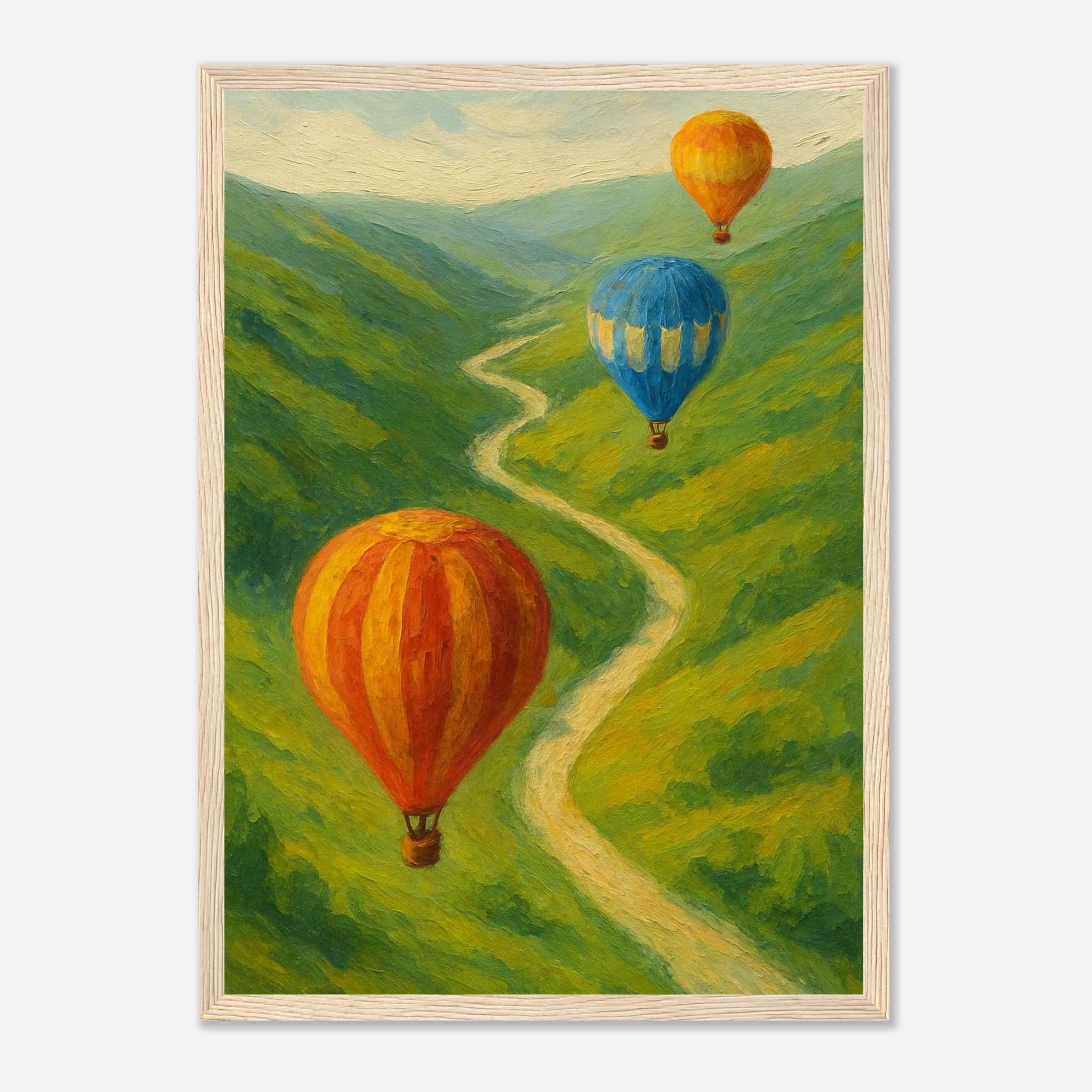 Wood frame A3 (29.7 x 42 cm) - Up & Away – Hot Air Balloons Over Green Hills Wall Art Print - Play By Print