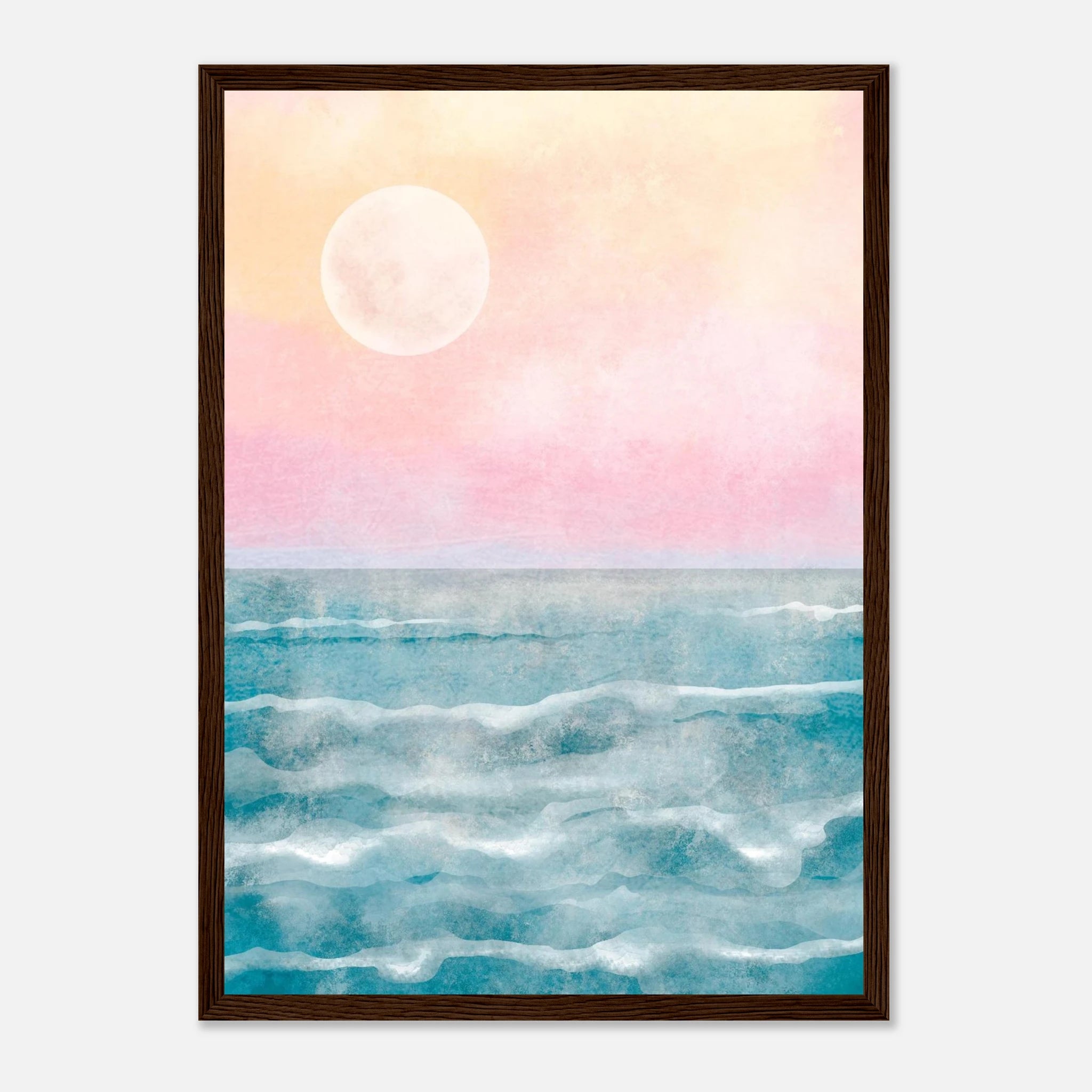 Dark wood frame - Cotton Candy Horizon – Serene Ocean Sunrise Watercolour Print - Daisy
