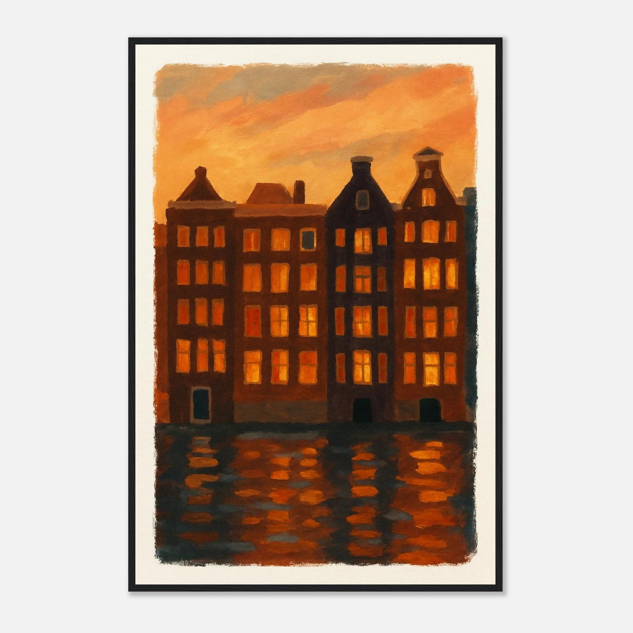 Black frame 60x90 cm 24x36″ - Golden Reflections – Amsterdam Canal Houses at Sunset Wall Art Print - Play By Print