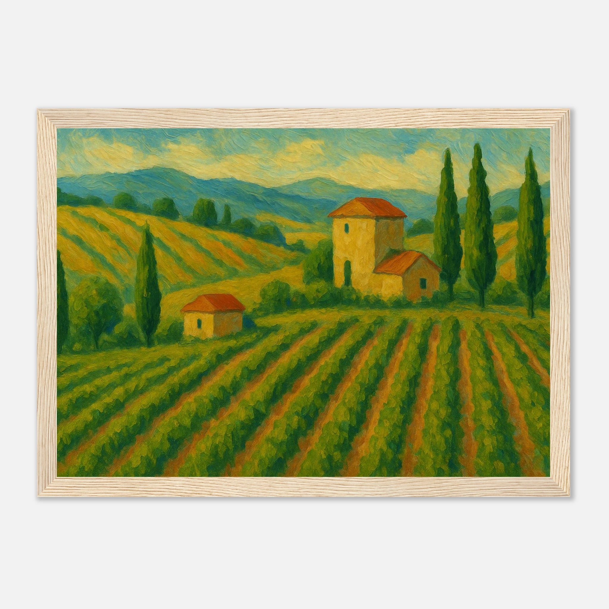 Wood frame 21x29.7 cm 8x12" - Tuscan Serenity – Golden Vineyard Landscape Wall Art Print - Play By Print
