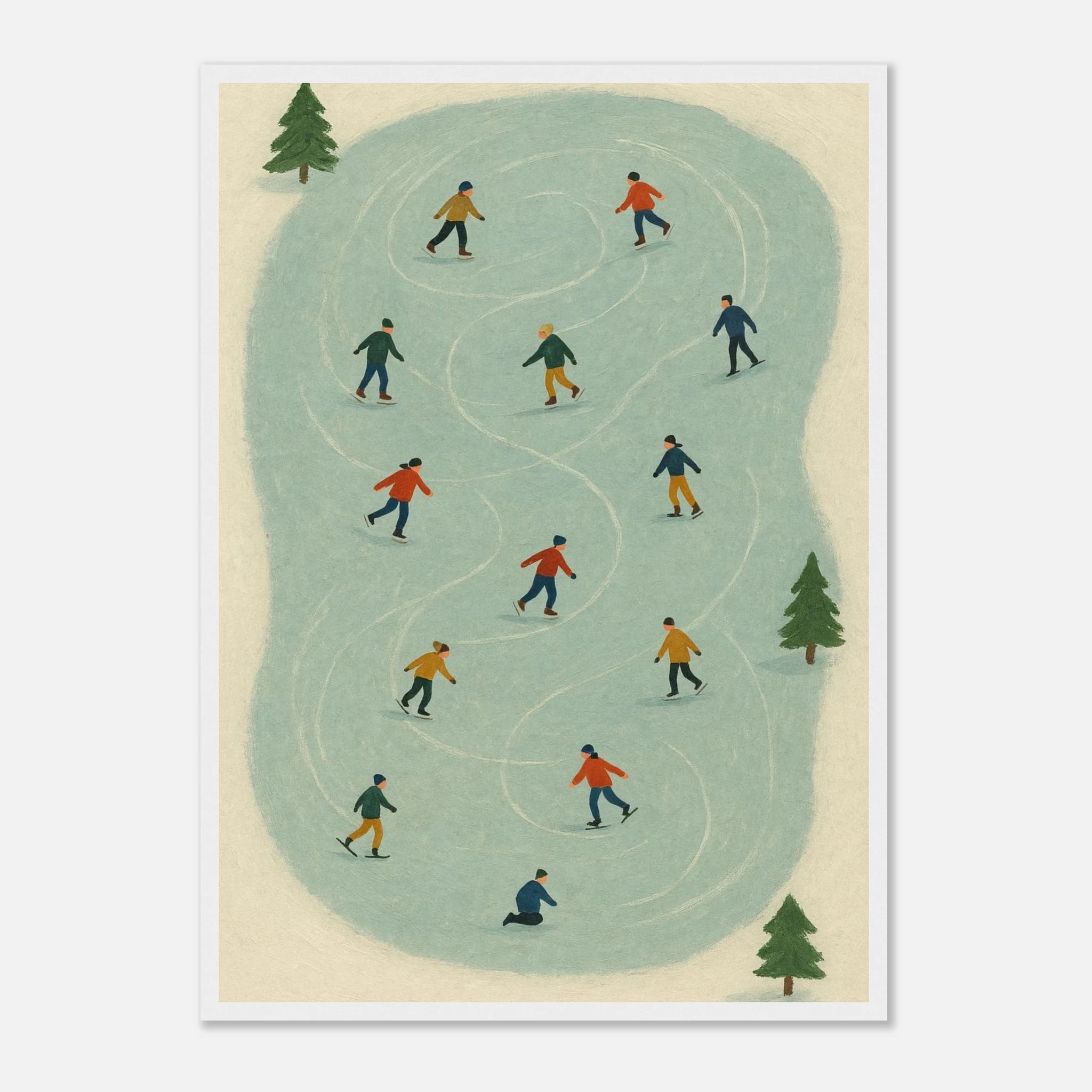 White frame A2 (42 x 59.4 cm) - Winter Ice Skating Print | Whimsical Folk Art Style - Play By Print