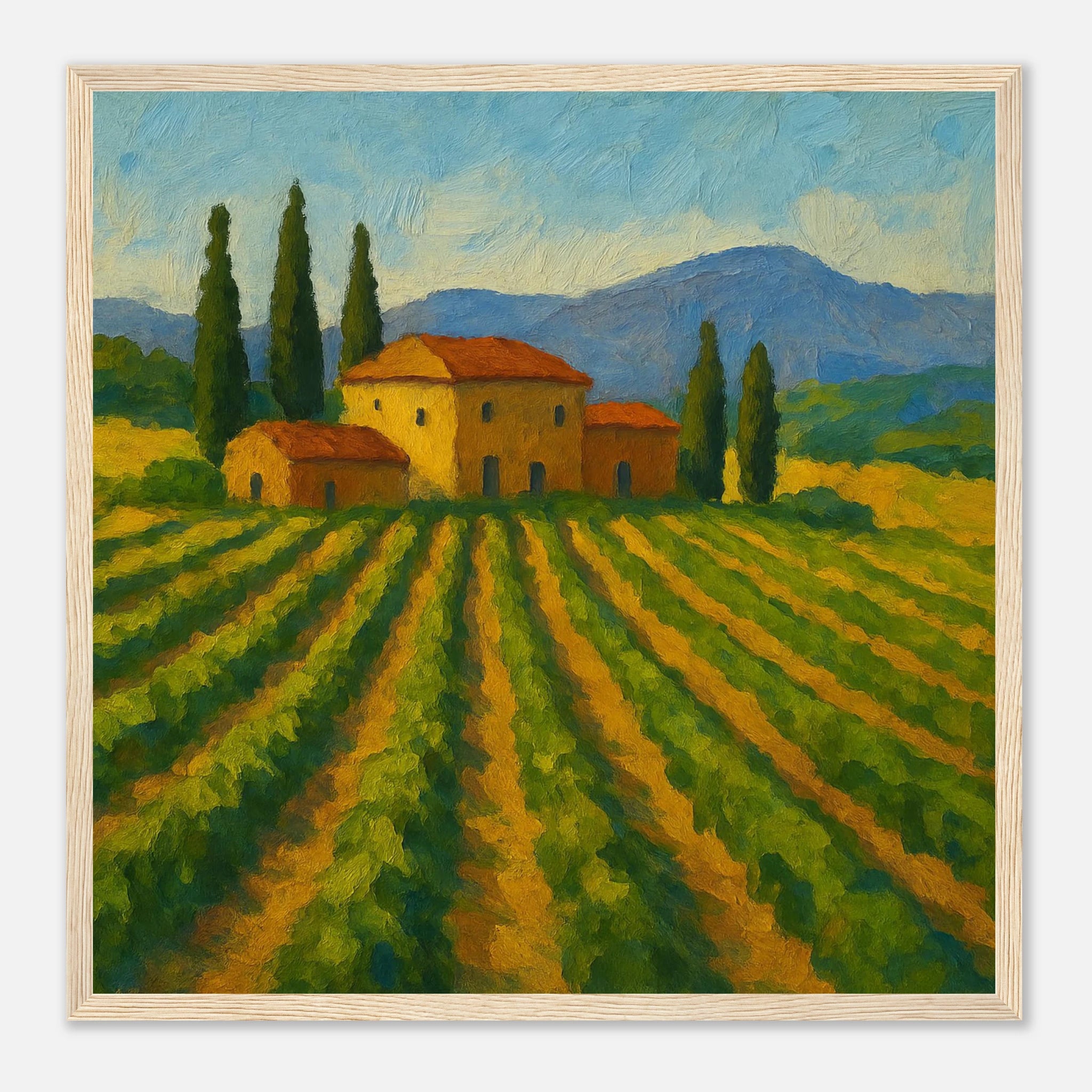 Wood frame 40x40 cm 16x16″ - “Golden Rows” | Tuscany Vineyard Landscape Print - Play By Print