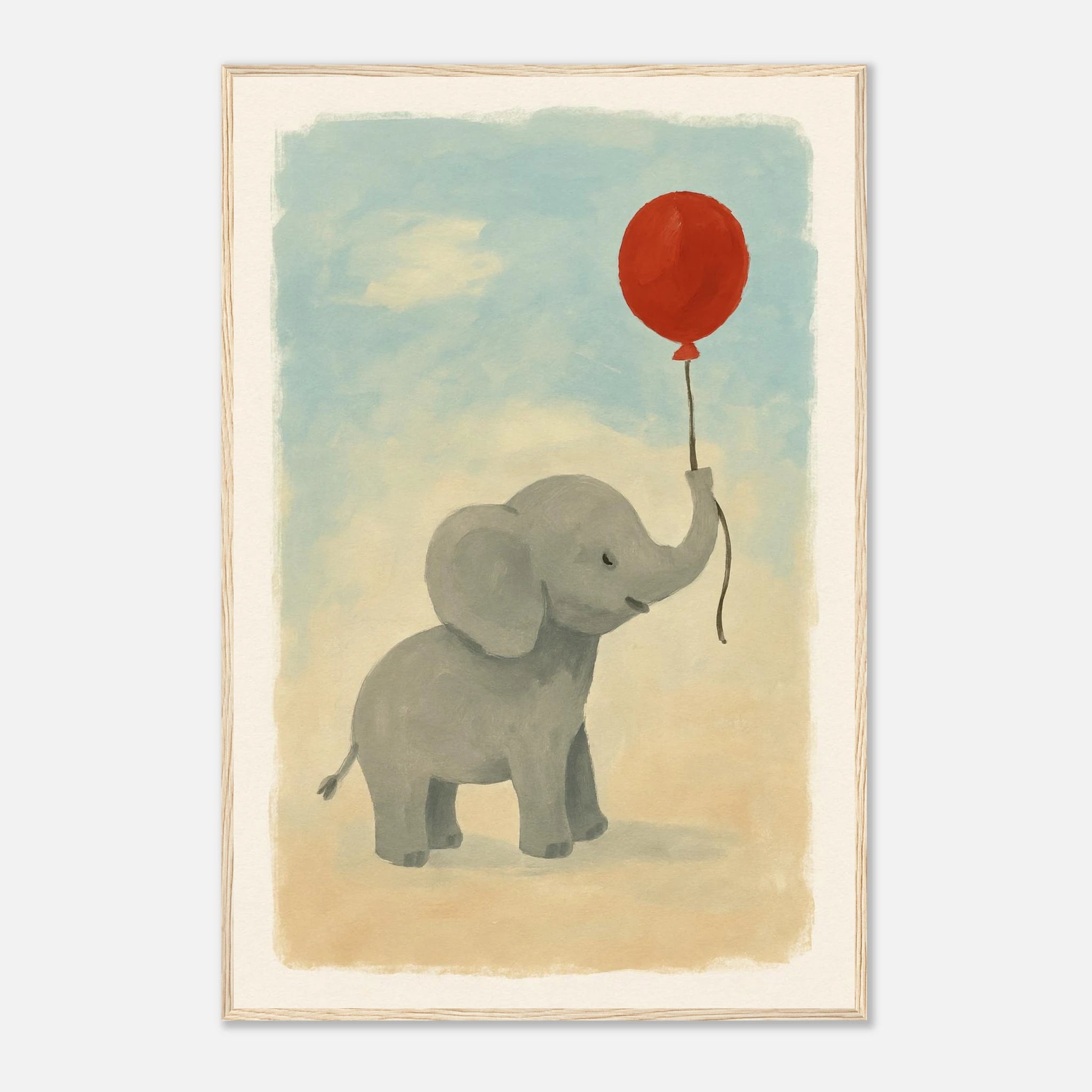 Wood frame 60x90 cm 24x36″ - Baby Elephant with Balloon – Gouache Nursery Art Print - Play By Print