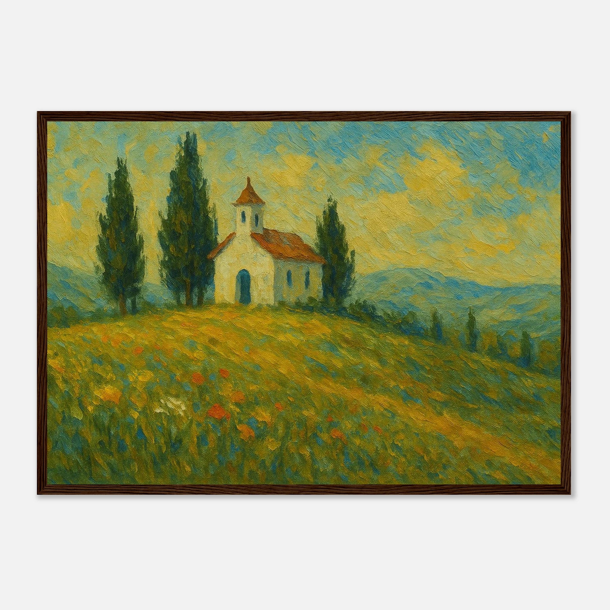 Dark wood frame A2 (42 x 59.4 cm) - “Chapel on the Hill” | Countryside Church Landscape Print - Play By Print