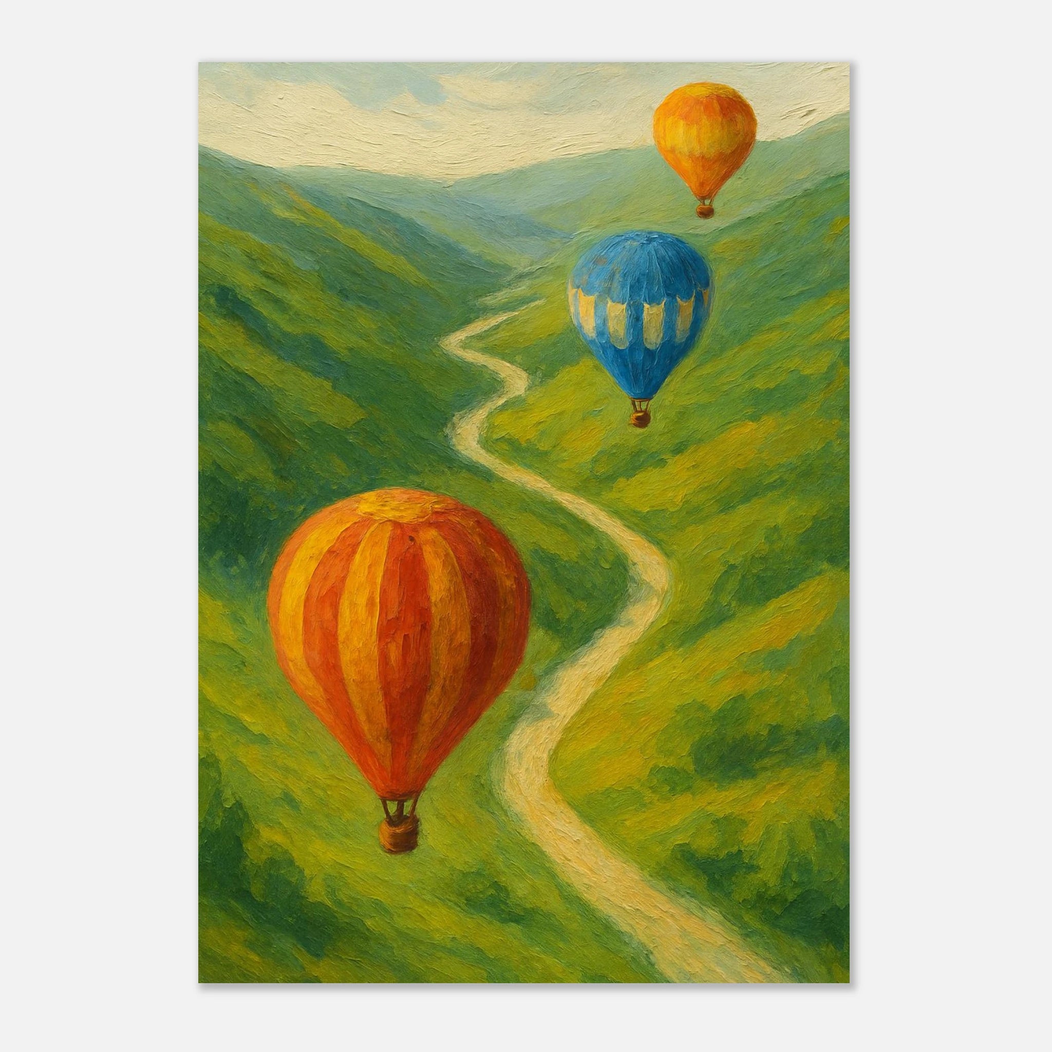 Unframed A3 (29.7 x 42 cm) - Up & Away – Hot Air Balloons Over Green Hills Wall Art Print - Play By Print