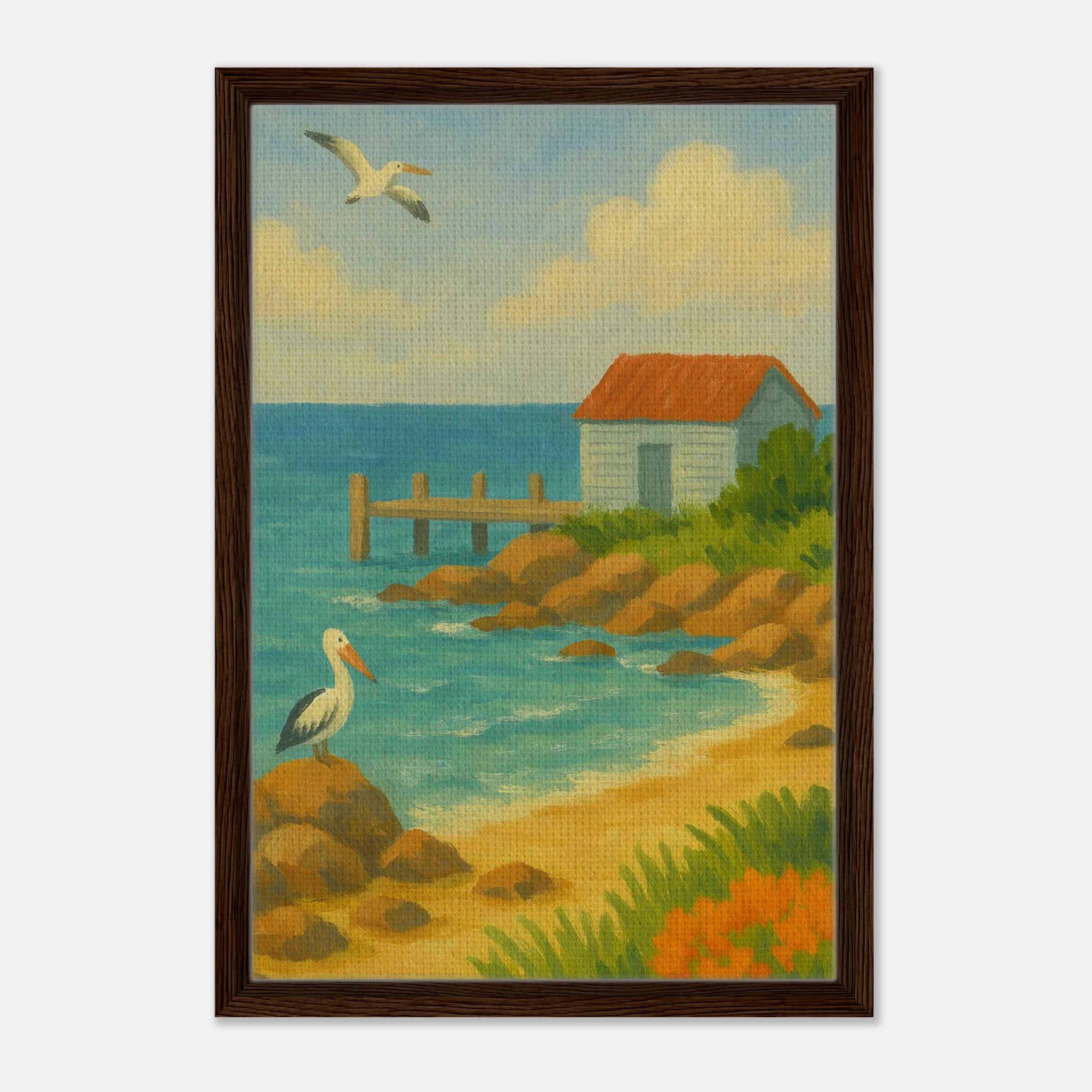 Dark wood frame 40x60 cm 16x24″ - Seaside Jetty – Coastal Pelican Canvas Wall Art - Play By Print