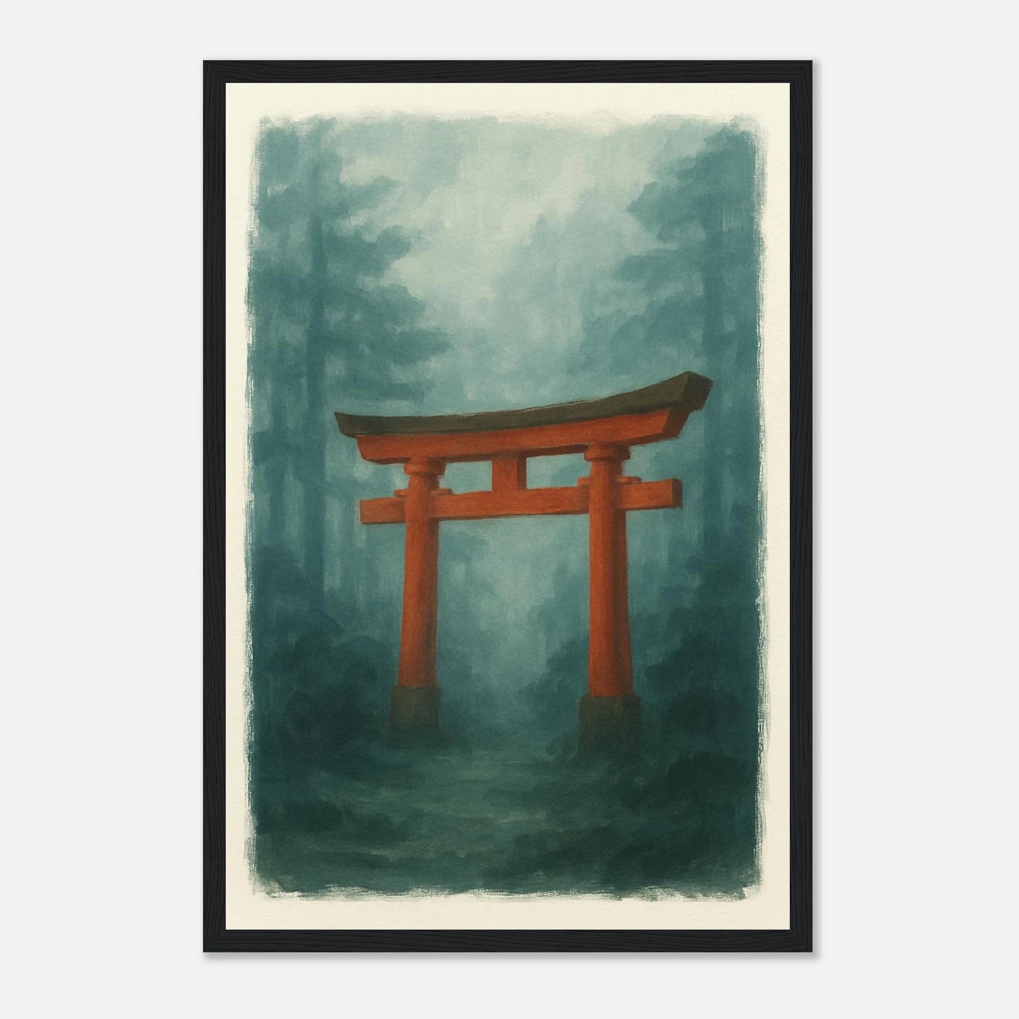 Black frame 30x45 cm 12x18″ - Torii Gate in Mist – Gouache Japanese Landscape Art Print - Play By Print