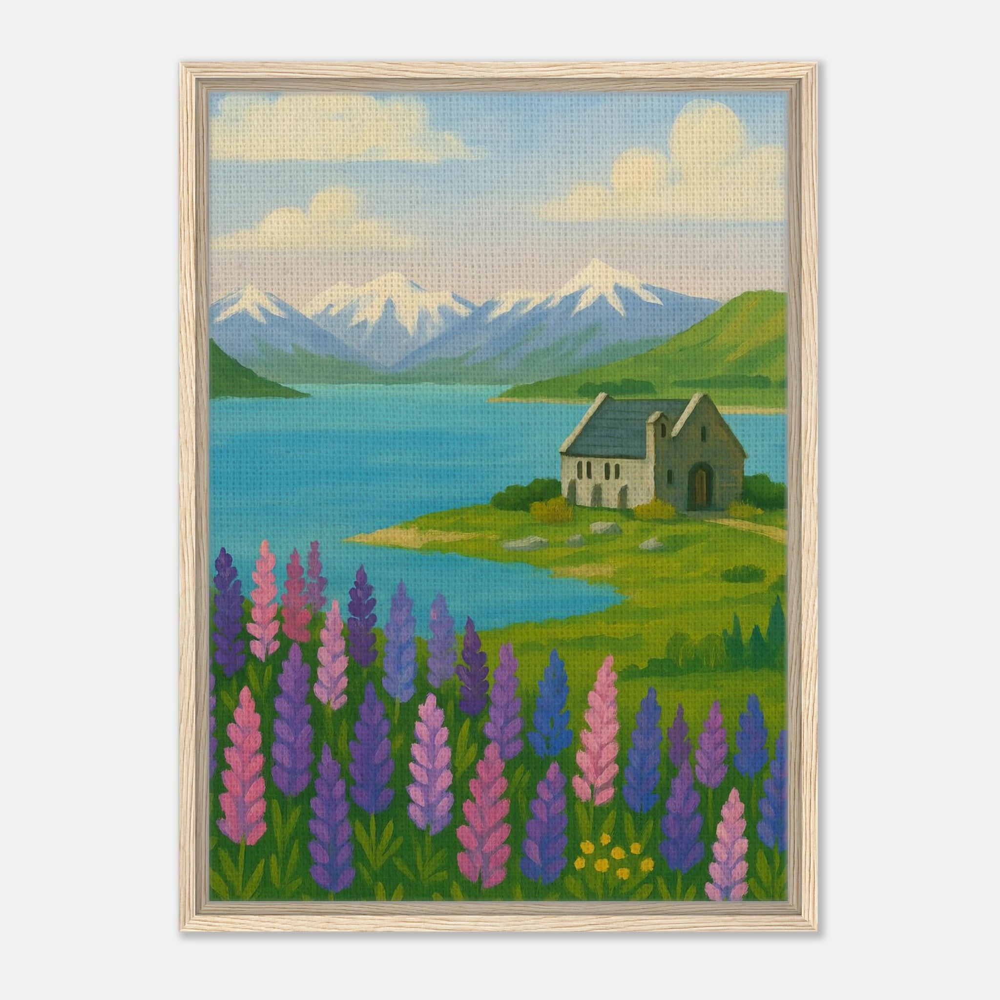 Wood frame 50x70 cm 20x28″ - Lake Tekapo Lupins & Church – New Zealand Landscape Canvas Wall Art - Play By Print