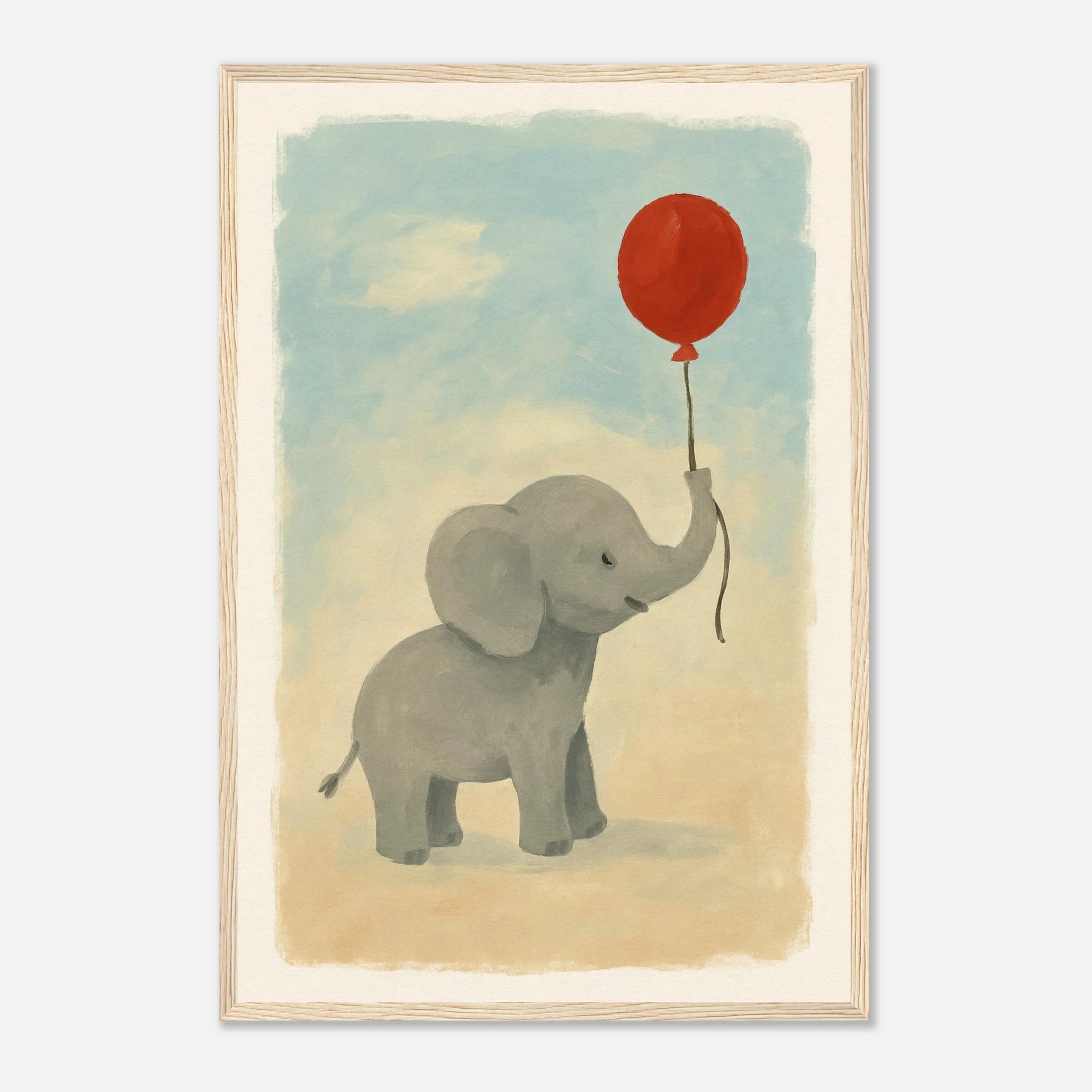 Wood frame 40x60 cm 16x24″ - Baby Elephant with Balloon – Gouache Nursery Art Print - Play By Print