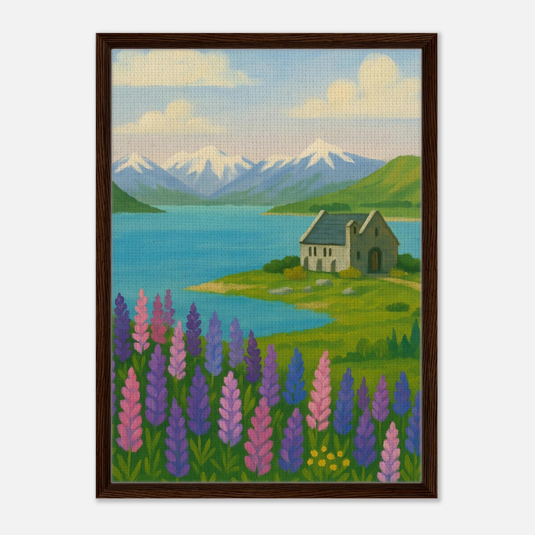 Dark wood frame 50x70 cm 20x28″ - Lake Tekapo Lupins & Church – New Zealand Landscape Canvas Wall Art - Play By Print