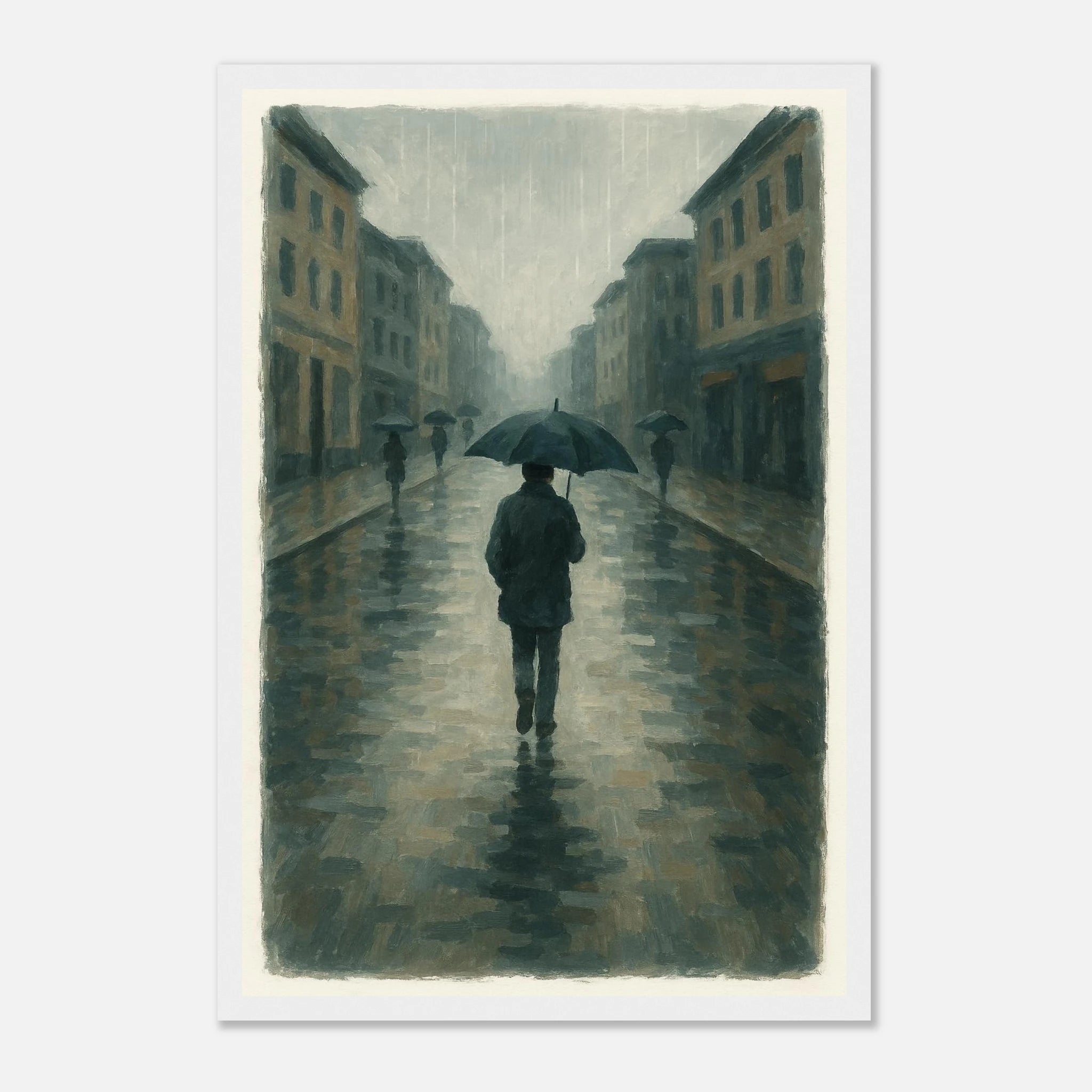 White frame 30x45 cm 12x18″ - Rainy City Walk – Gouache-Style Art Print - Play By Print