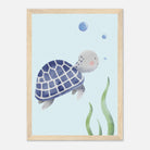 Wood frame A4 (21x29.7 cm 8x12") - Blue Sea Turtle Nursery Print | Watercolour Ocean Animal Wall Art for Kids - Iris