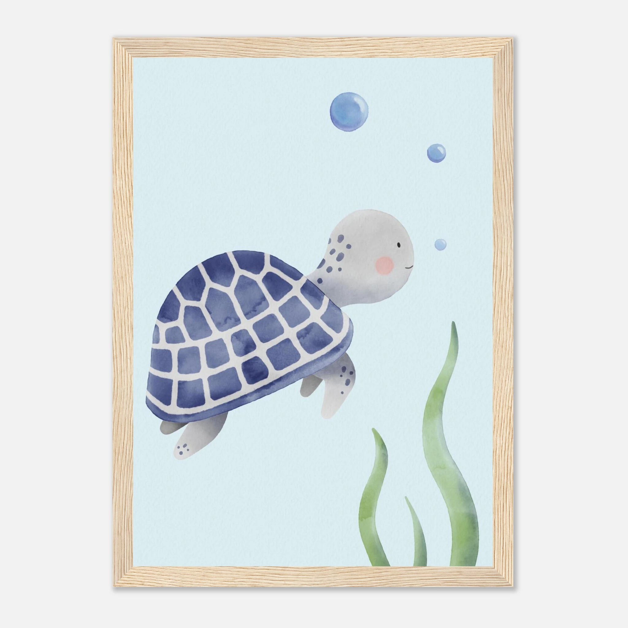 Wood frame A4 (21x29.7 cm 8x12") - Blue Sea Turtle Nursery Print | Watercolour Ocean Animal Wall Art for Kids - Iris