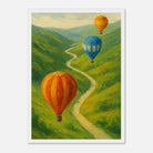 White frame A3 (29.7 x 42 cm) - Up & Away – Hot Air Balloons Over Green Hills Wall Art Print - Play By Print