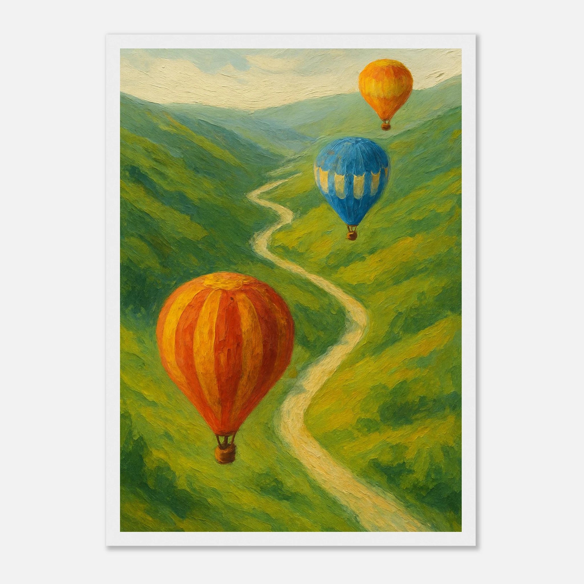 White frame A3 (29.7 x 42 cm) - Up & Away – Hot Air Balloons Over Green Hills Wall Art Print - Play By Print