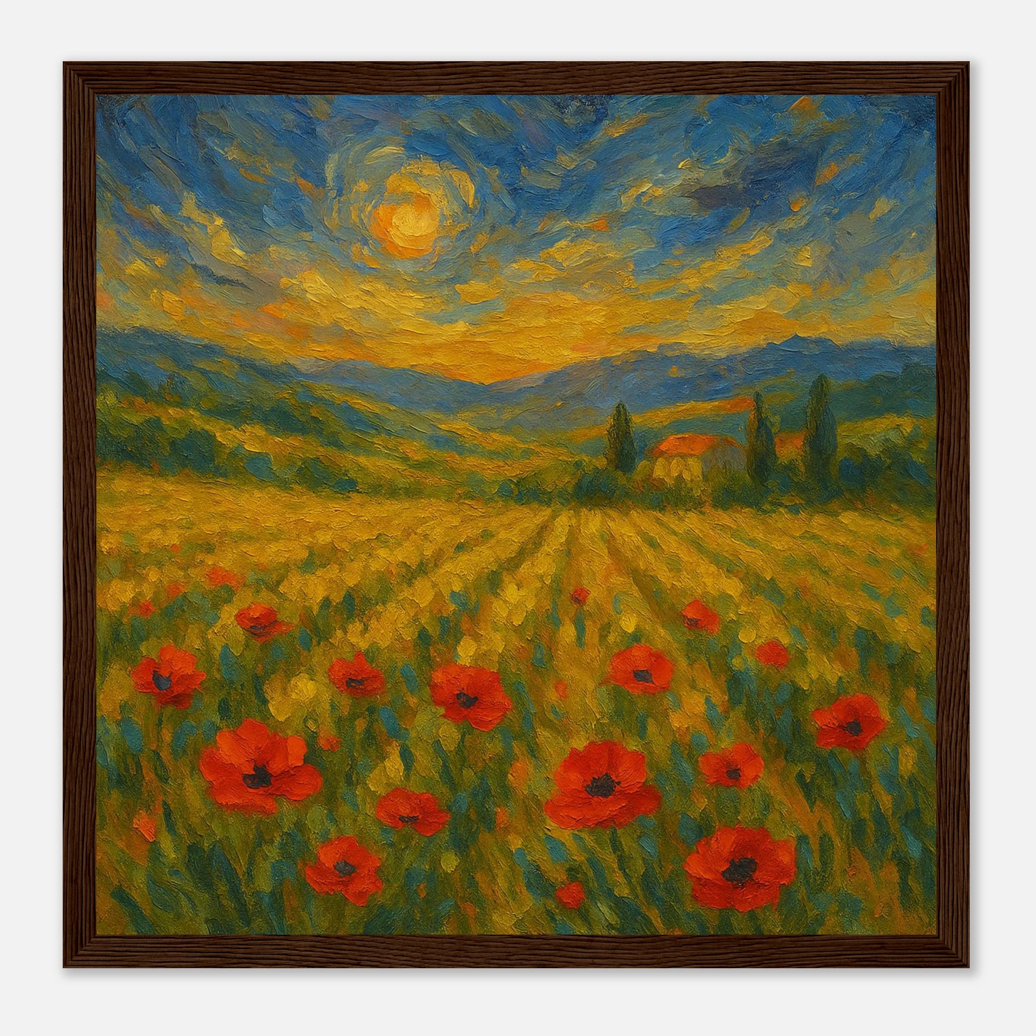 Dark wood frame 30x30 cm 12x12″ - “Golden Hour in the Poppies” | Vibrant Sunset Landscape Art - Play By Print