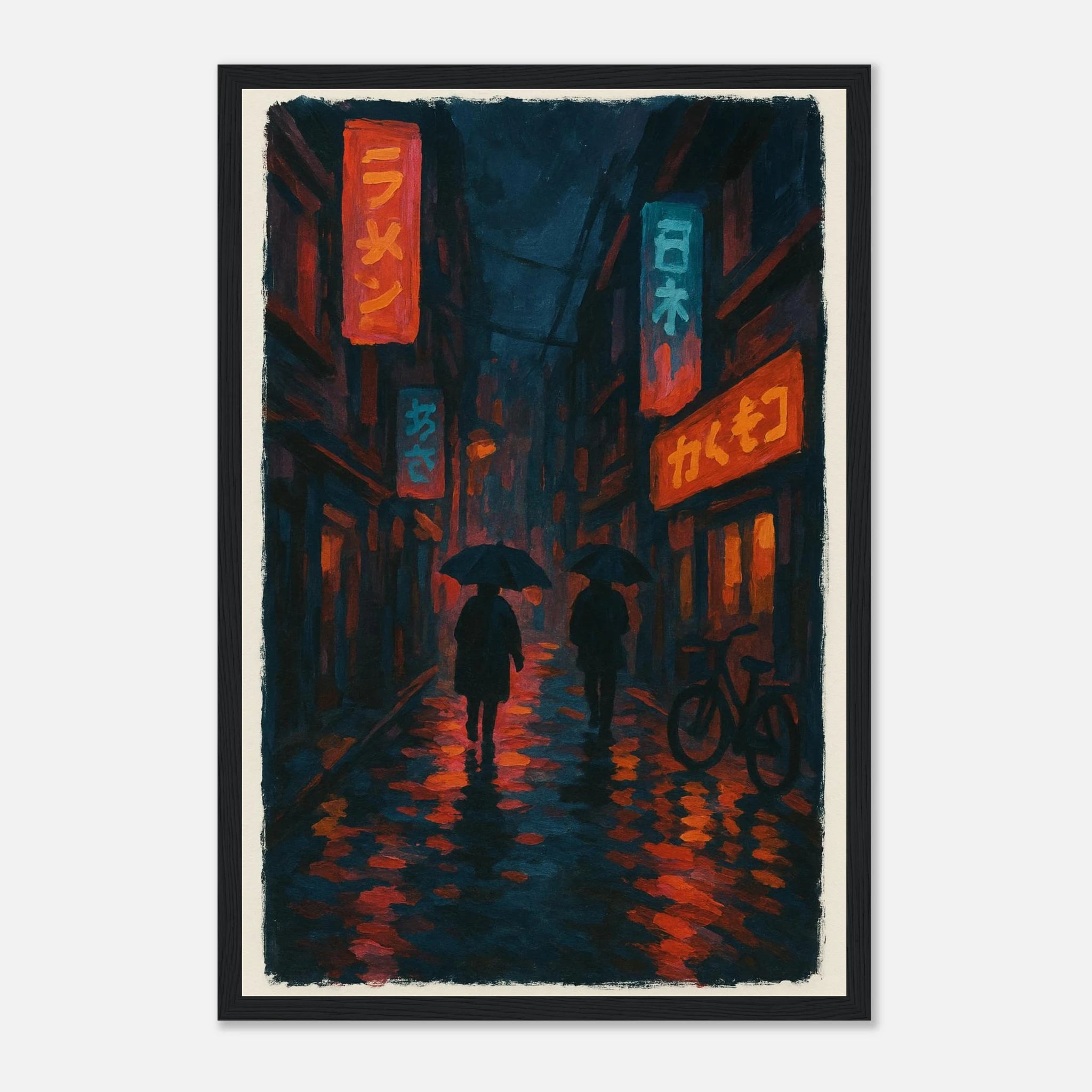 Black frame 30x45 cm 12x18″ - City Shadows – Rainy Night in Tokyo Neon Alley Print - Play By Print